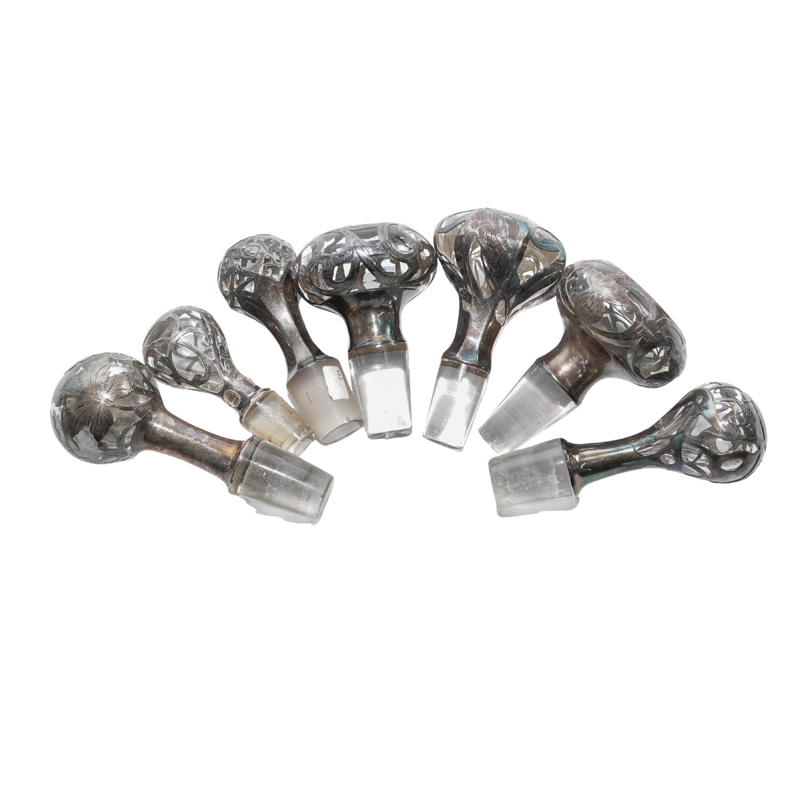 (7 Pc) Antique Silver Overlay Glass Decanter Stoppers Grouping (1 of 4)