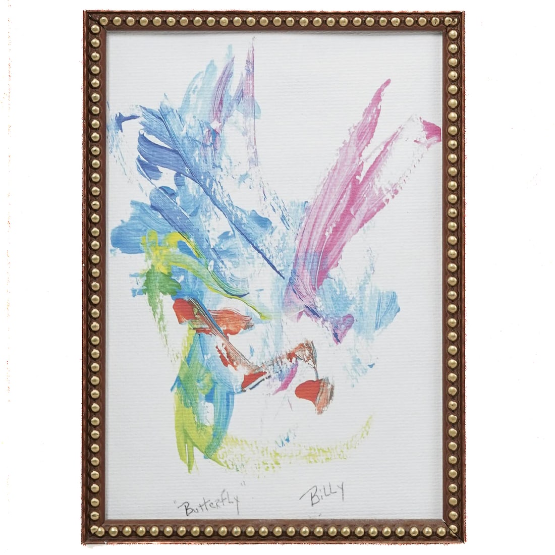 Signed “Butterfly?? Abstract Acrylic Painting on Paper: Signed “Butterfly” Abstract Acrylic Painting on Paper20th century, USAThe painting is a vibrant, gestural abstract work on a white background. It features the swashes of bright blue, pink, lim