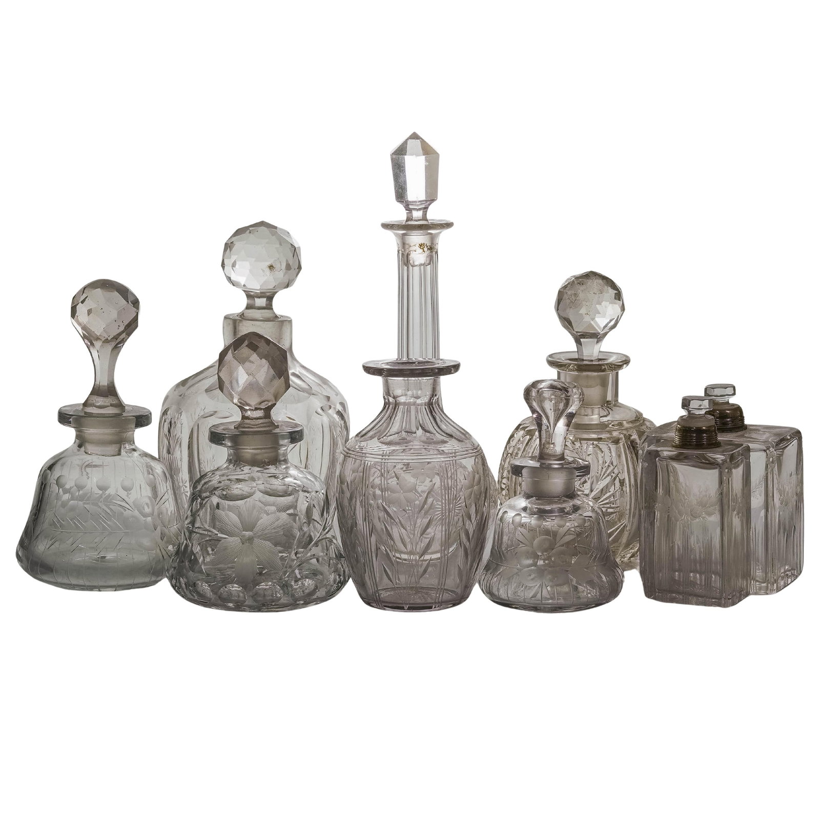 (9pc) Antique Group Of Crystal & Glass Decanters (1 of 3)