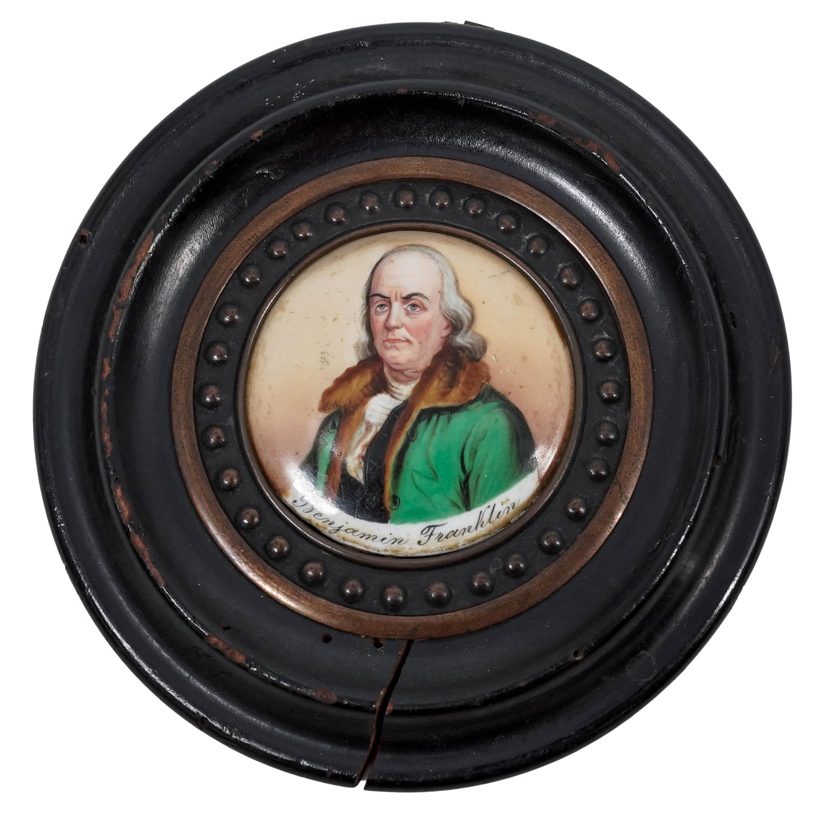 Benjamin Franklin Commemorative Porcelain Miniature Plaque: Benjamin Franklin Commemorative Porcelain Miniature Plaque 19th century, French This hand-painted porcelain plaque, smooth, slightly raised lines and visible brushstrokes, depicts the iconic "Fur