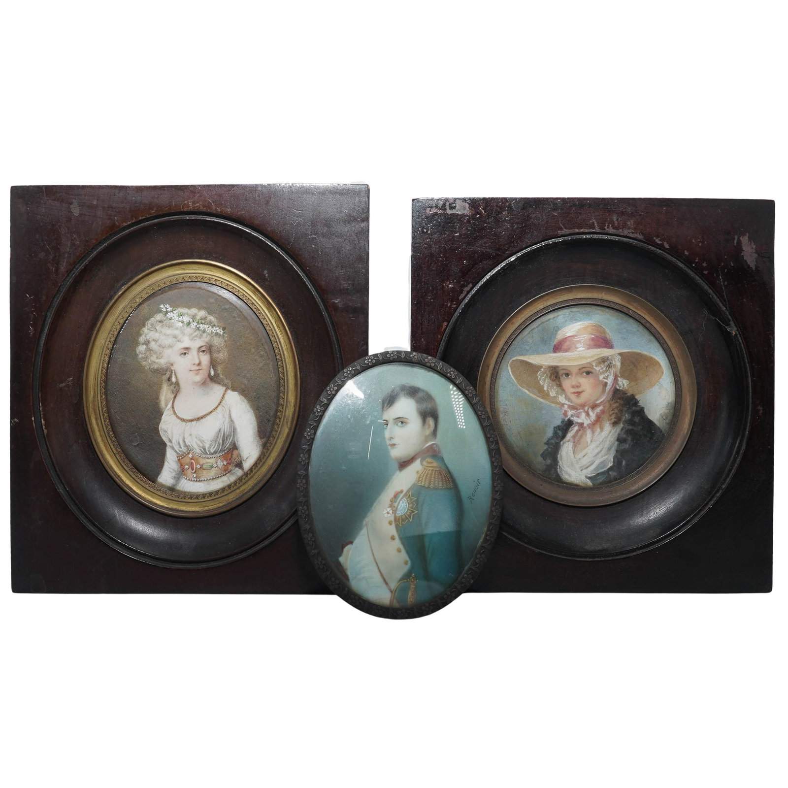 (3 Pc) Antique Miniature French Portraits: (3 Pc) Antique Miniature French Portraits19th c., FranceAntique hand-painted portrait of Napoleon Bonaparte in dress uniform on porcelain or bone. It is signed "Renoir" on the right side. The work is