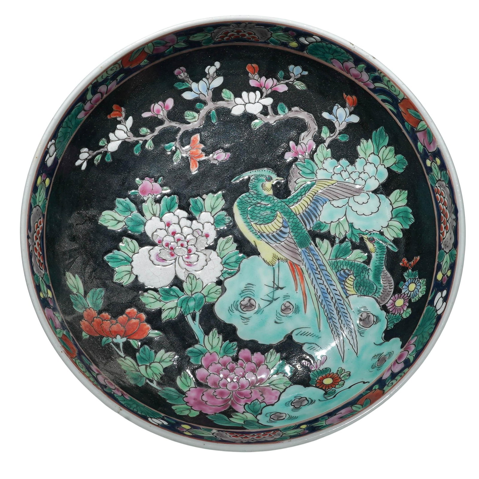 Japanese Famille Noir Green Pheasant Bowl (1 of 6)