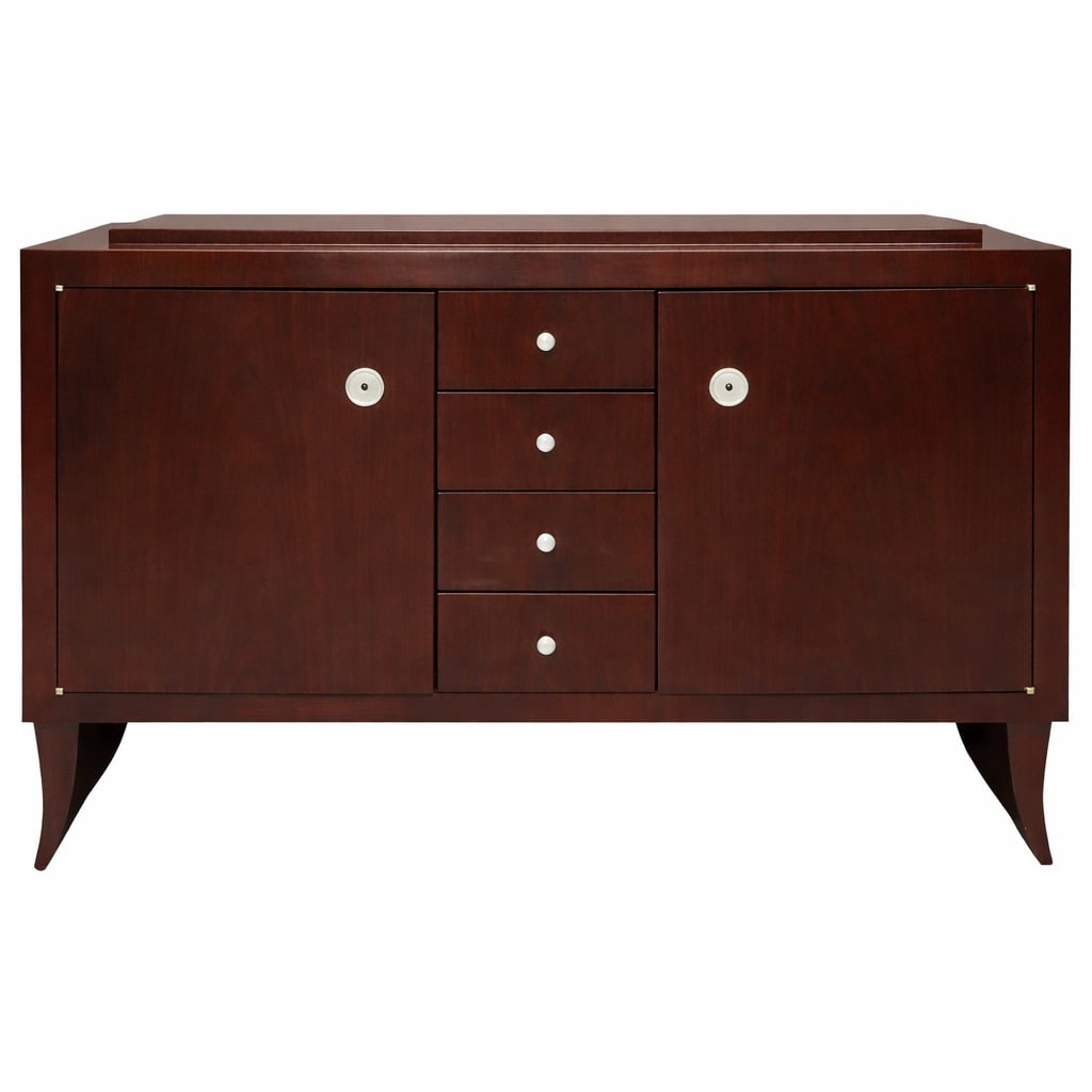 Art Deco Revival Sideboard Credenza: Art Deco Revival Sideboard Credenza Mi-Late 20th Cent, USA This sideboard features a high gloss lacquered finish with a center stack of drawers, flanking cabinet doors with circular escutcheons. Each