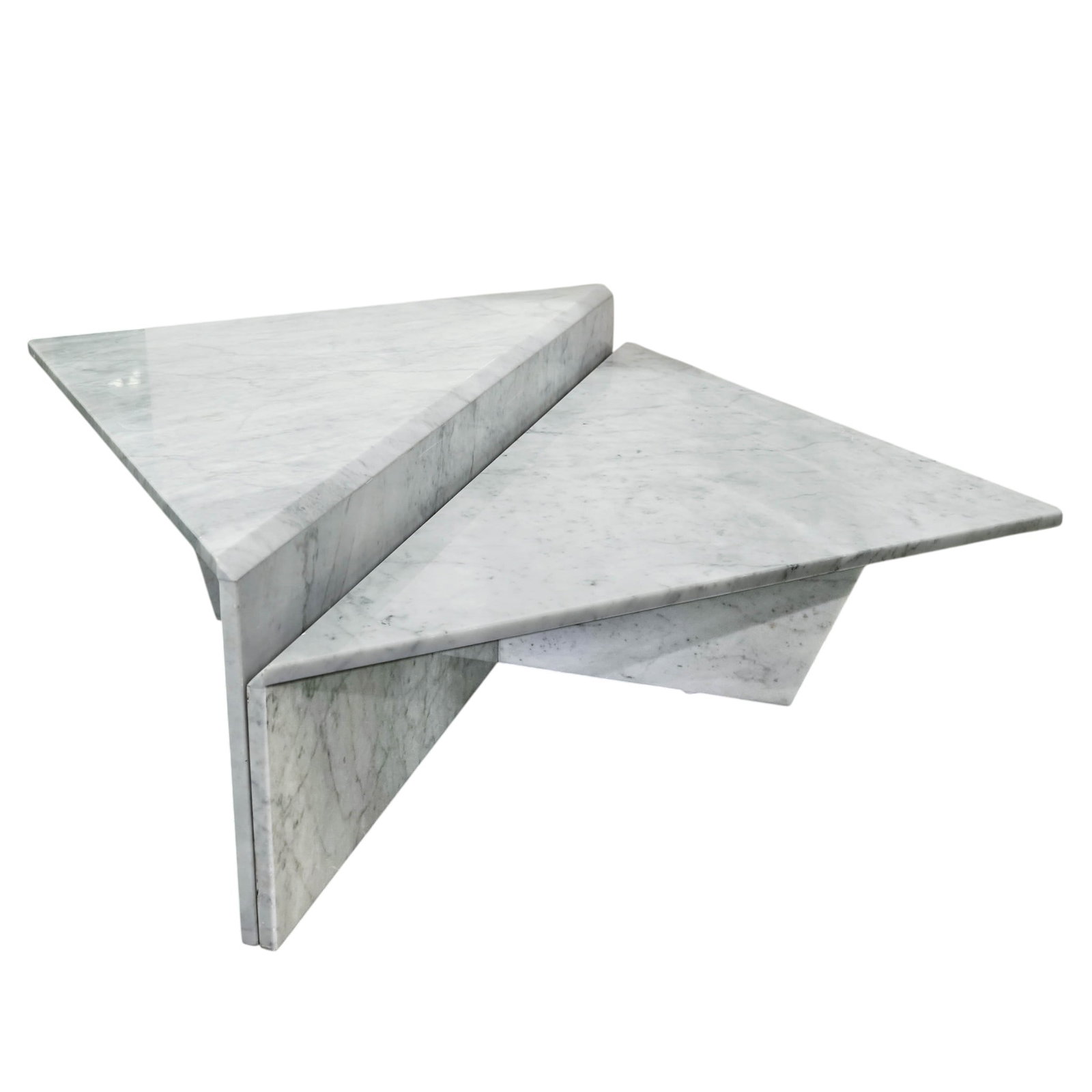 Pair of Post Modern White Marble Coffee Tables: Pair of Post Modern White Marble Coffee Tables 1980s-1990s, USA Pair of Post Modern White Marble Coffee Tables featuring in a geometric form. H: 12" W: 28" L: 53" | H: 15.75" W: 28" L: 54"