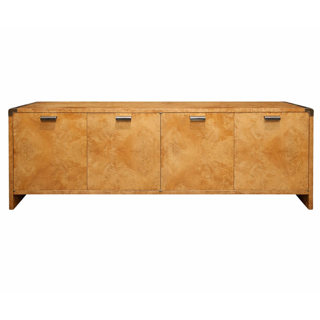 Leon Rosen for Pace Collection Stainless Steel and Burlwood Credenza: Leon Rosen for Pace Collection Stainless Steel and Burlwood CredenzaMid-Late 20th Cent. USAMid-century modern credenza designed by Leon Rosen for Pace Collection, featuring a striking burlwood veneer