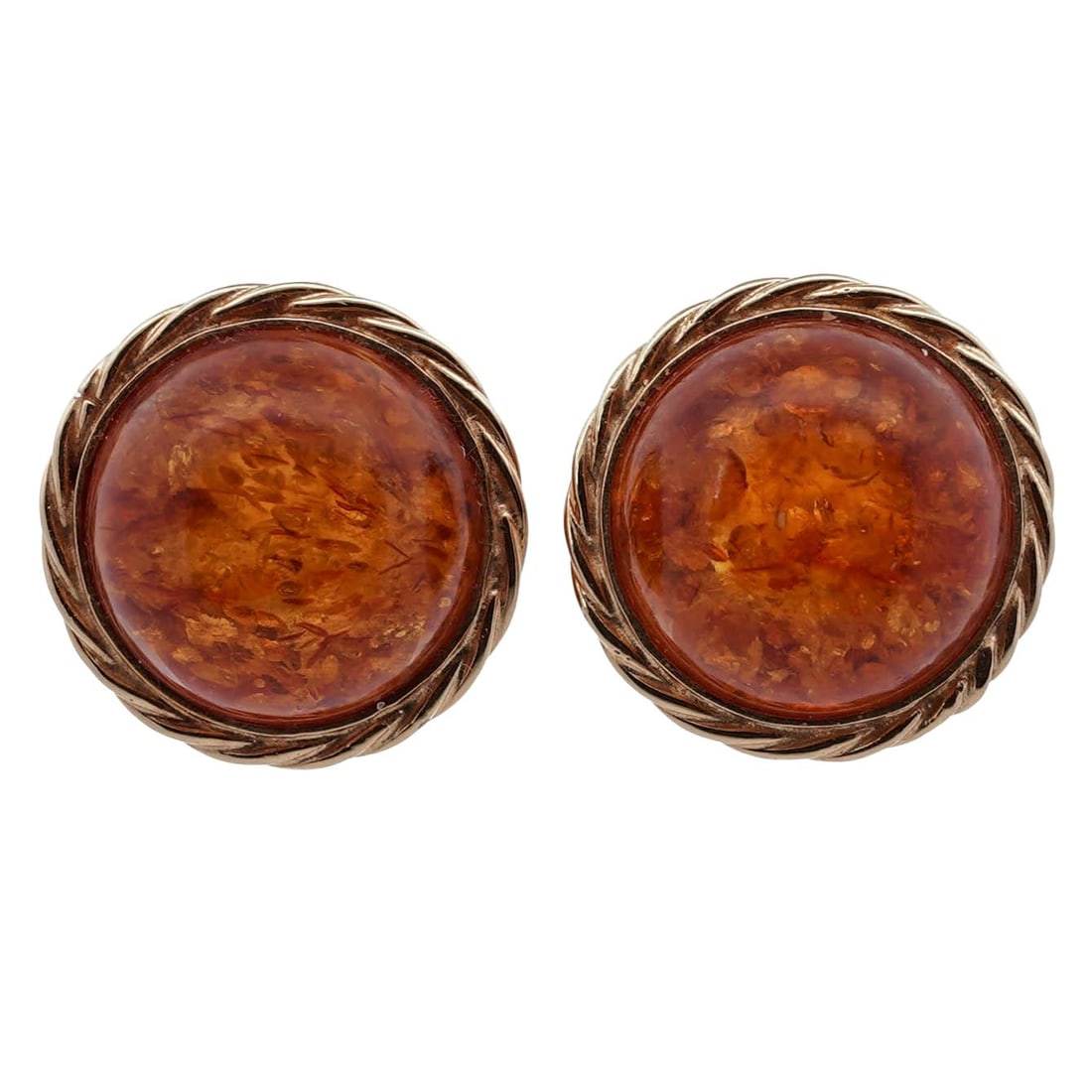 Vintage Italian 18k Gold & Amber Cabochon Earrings: Vintage Italian 18k Gold & Amber Cabochon EarringsLate 20th Century, ItalianPair of earrings set with round amber cabochons, each measuring approximately 18–20 mm, within rope-twist 18K gold frames.