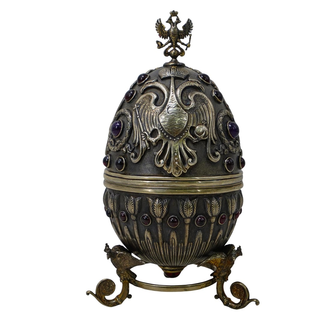 Ovchinnikov Large Russian Silver and Ruby Egg Casket 1908-1926, Russia H: 7.75" W: 4" L: 4" (1 of 13)