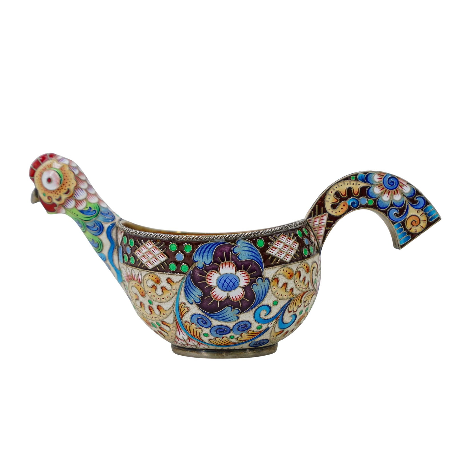 Fedor Ruckert (Russian, 1840-1917) Silver and Enamel Kovsh 1908-1926, Russia H: 3.25" W: 3" L: 6.75" (1 of 9)