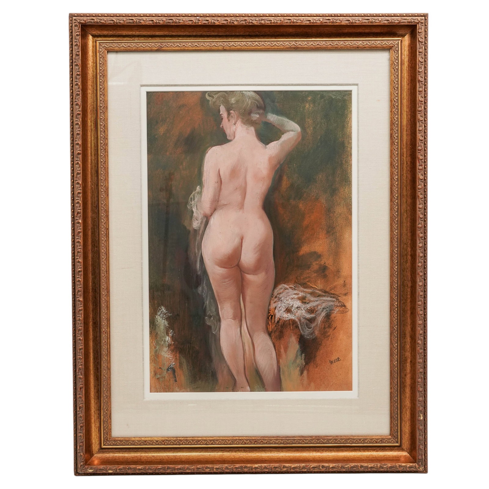 George Grosz (German, 1893-1959) "Nude" Oil on Board: George Grosz (German, 1893-1959) "Nude" Oil on Board 1942, German (likely created in America) An oil on board painting titled "Nude" by artist George Grosz (German, b. 1893 d. 1959). While George