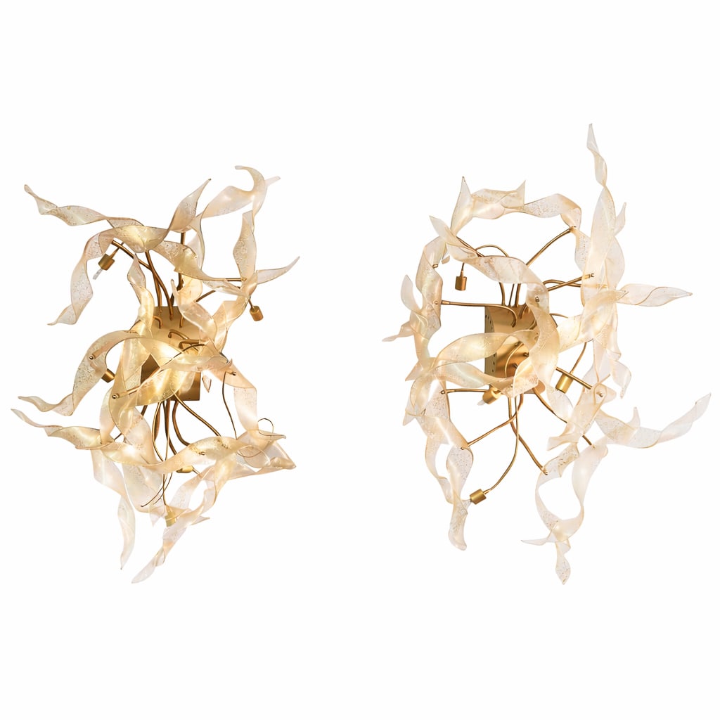 Pair of Murano Glass Ribbon Light Fixtures: Pair of Murano Glass Ribbon Light Fixtures 20th Cent. sculptural light fixtures featuring flowing, ribbon-like elements in translucent art glass, executed in Murano Glass. Each fixture is composed of