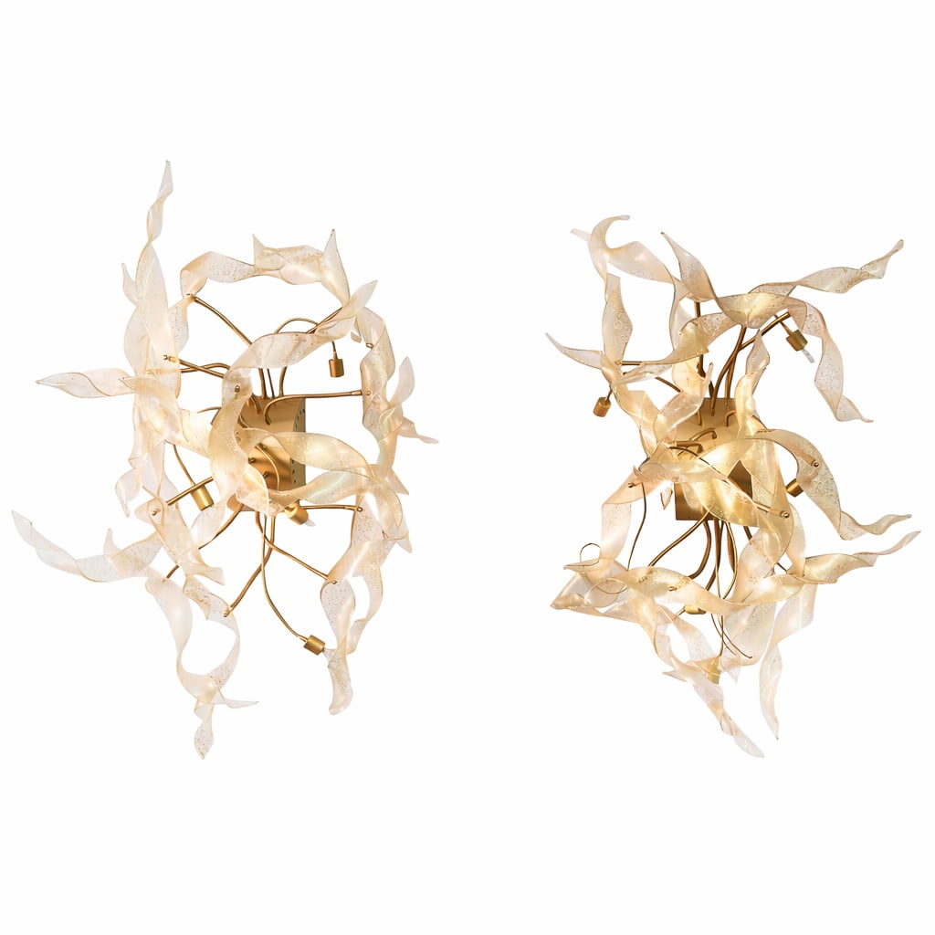 Pair of Murano Glass Ribbon Light Fixtures: Pair of Murano Glass Ribbon Light Fixtures 20th Cent. sculptural light fixtures featuring flowing, ribbon-like elements in translucent art glass, executed in Murano Glass. Each fixture is composed of