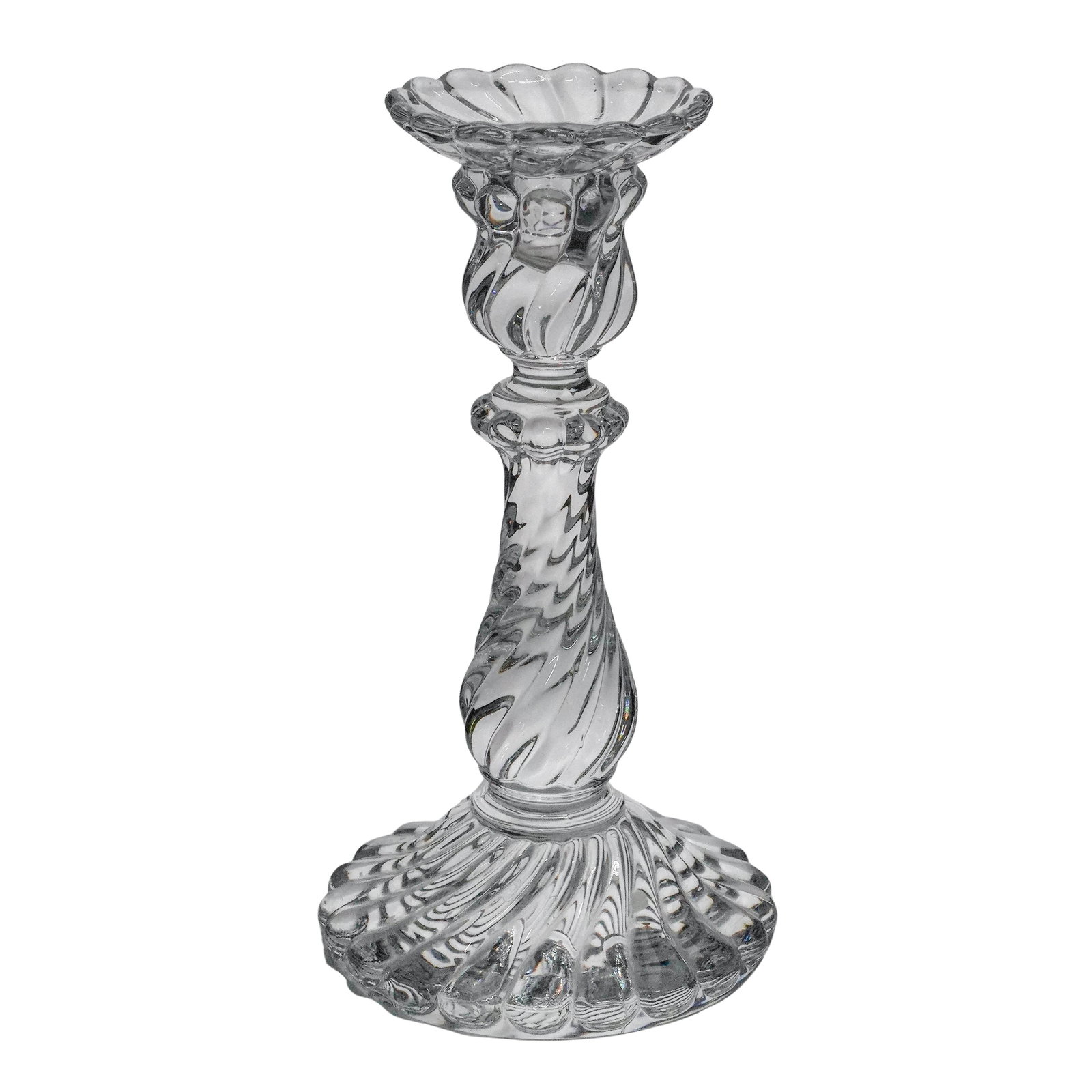 Baccarat Crystal "Bambous" Candlestick: Baccarat Crystal "Bambous" Candlestick20th c., FranceVintage candle holder featuring a distinctive swiled pattern and scalloped detailing. Baccarat acid mark to underside.H: 9.25" Dia: 4.75"