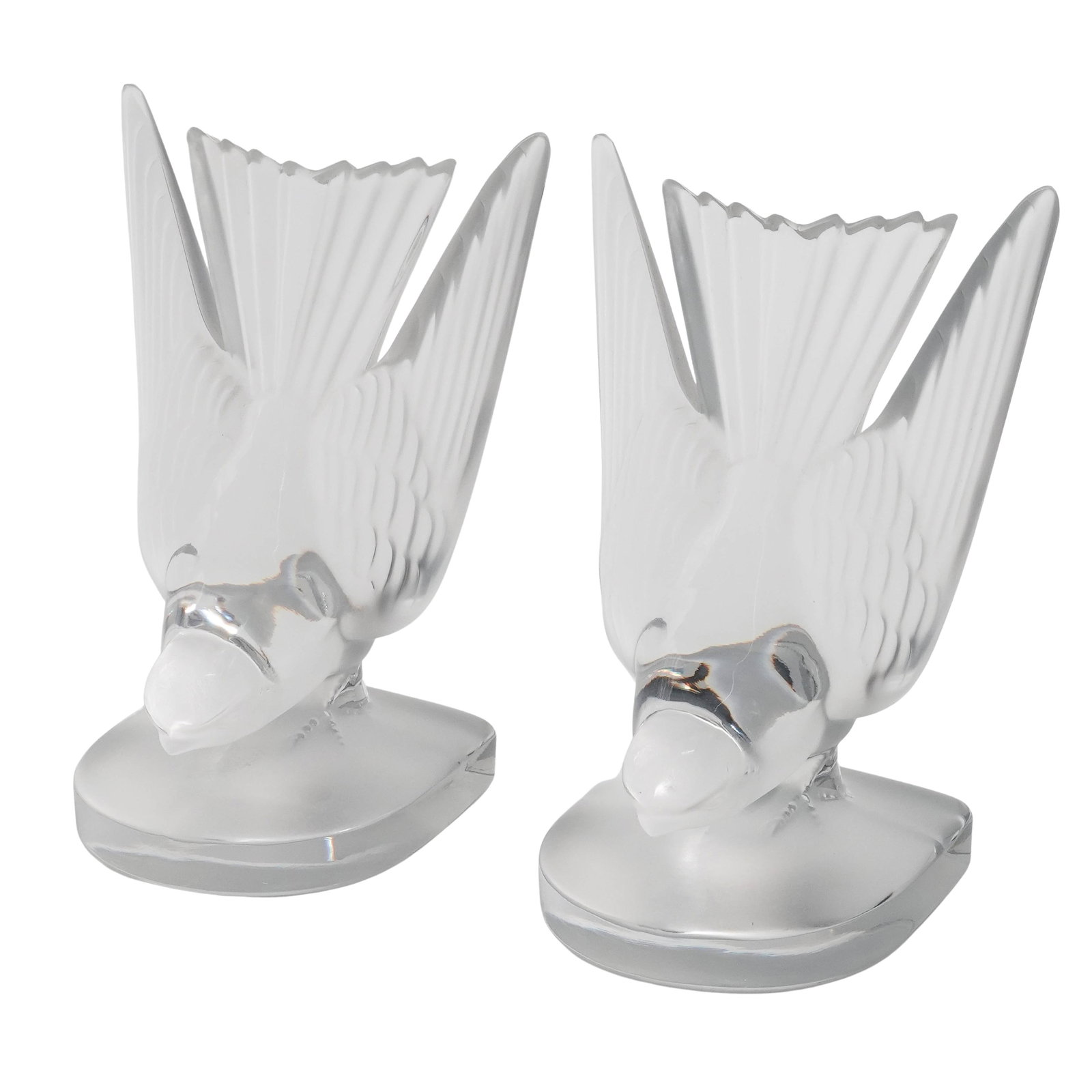 Pair Lalique France Hirondelle "Swallow" Crystal Bookends: Pair Lalique France Hirondelle "Swallow" Crystal BookendsMid-Late 20th Century, French.These molded and frosted (satin-finish) crystal pieces depict swallows in flight in the Art Deco style. Each piec
