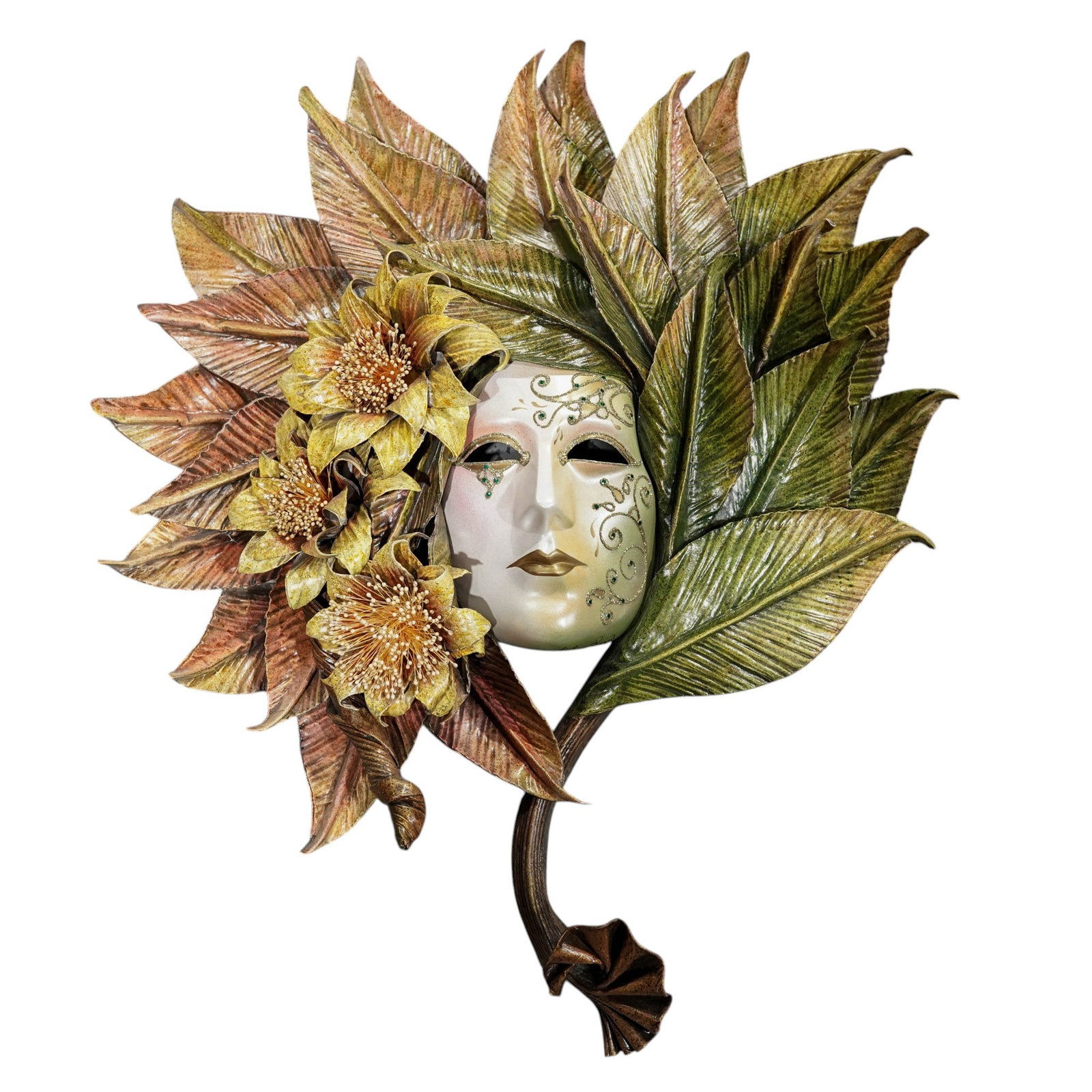 Atelier Russo Venetian mask: Atelier Russo Venetian maskLate 20th Cent., ItalyHand made Venetian mask, featuring hand painted foliage and flowers and scrolling gilt embellishments. Original label affixed to back. Signed “Atelie