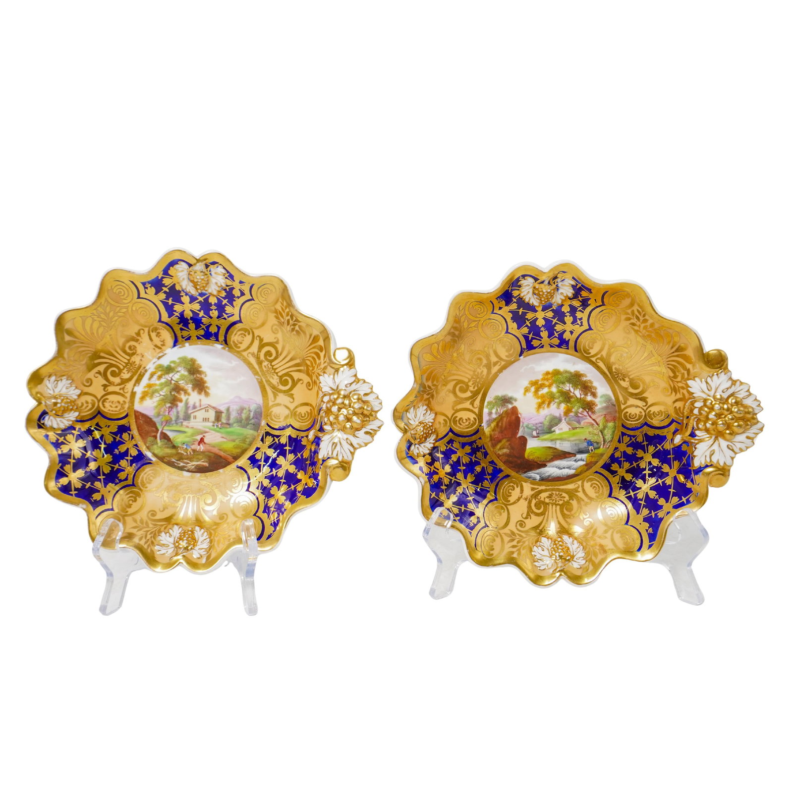 English Cobalt & Gilt Porcelain Pastoral Scene Plates (1 of 5)