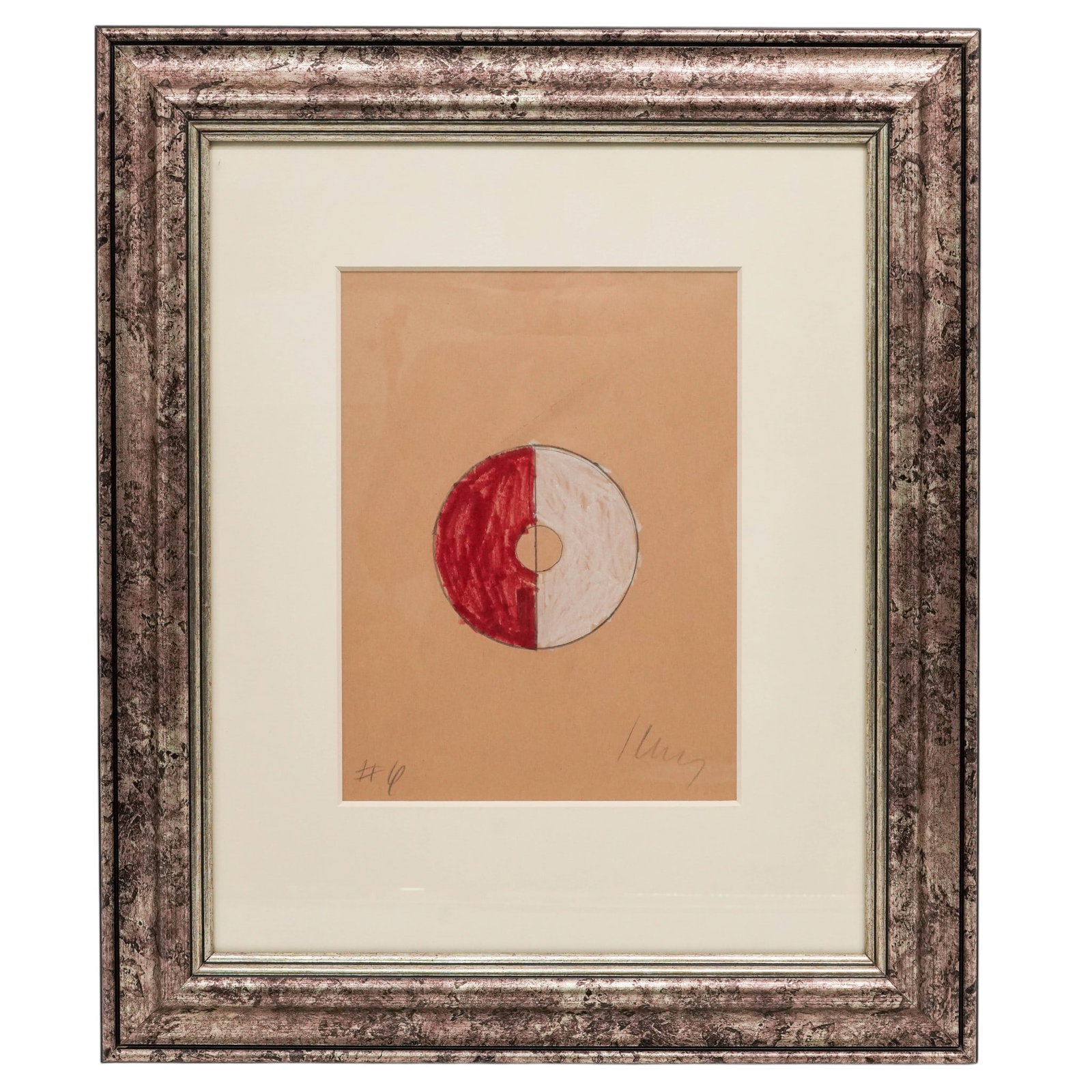 After Ellsworth Kelly Abstract on Paper Study: After Ellsworth Kelly Abstract on Paper Study 20th Cent. USA Minimalist composition featuring a bisected circular form rendered in red and white against a warm ground, with a central aperture