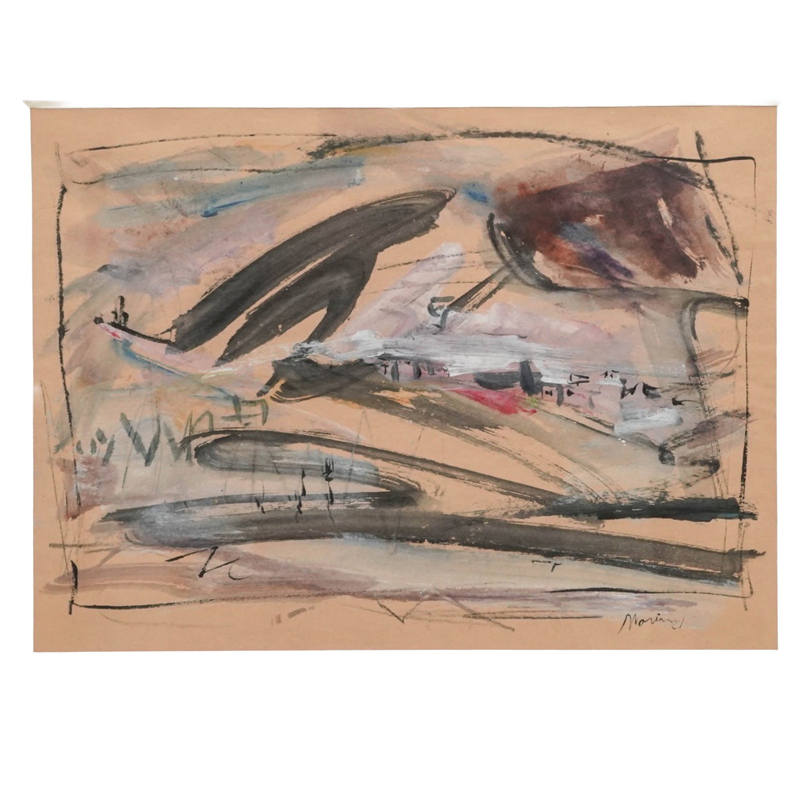 After John Marin Mixed Media Painting: After John Marin Mixed Media Painting 20th Cent. Expressive composition rendered in watercolor and ink on paper, featuring gestural brushwork and linear accents characteristic of Marin’s modernist