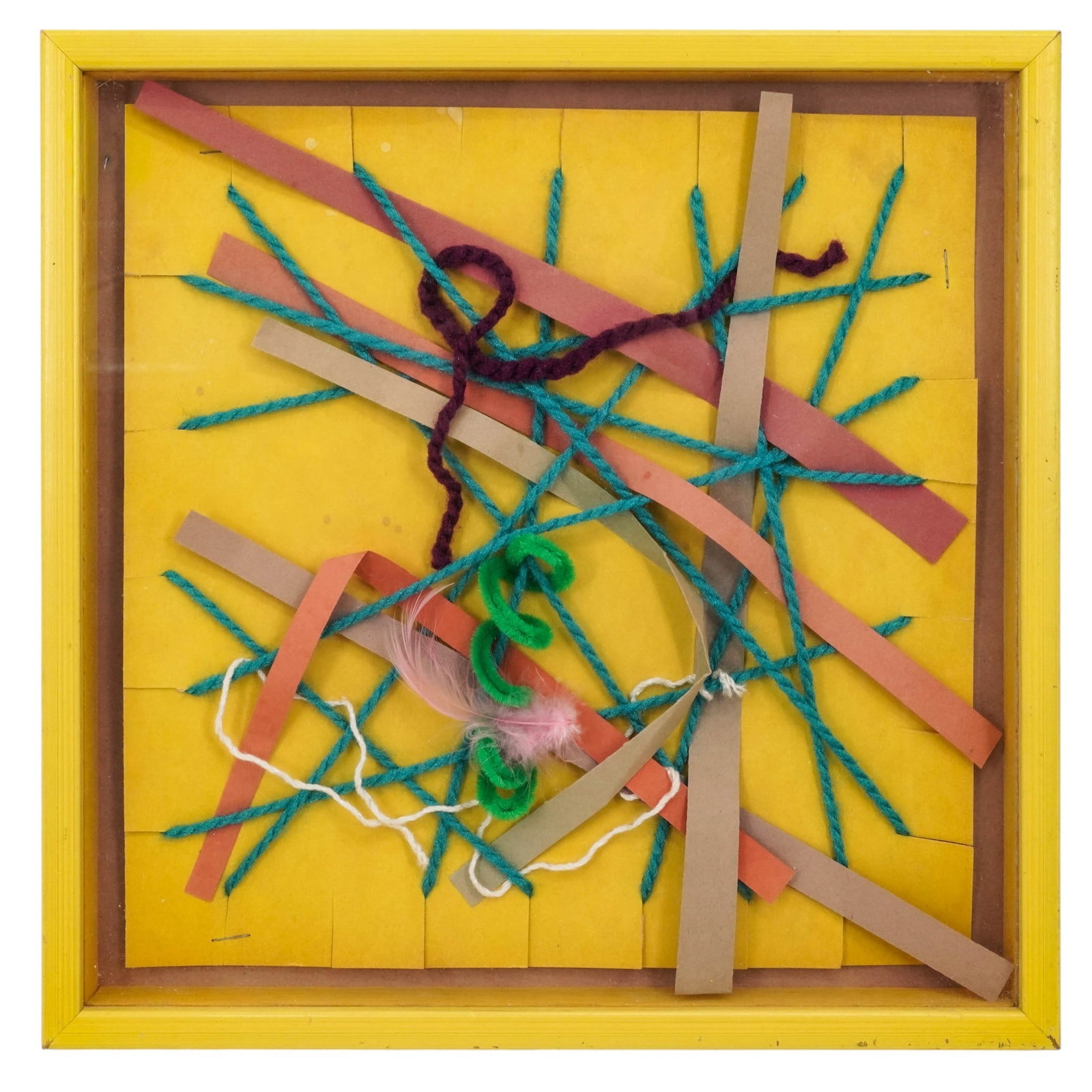 Mixed Media Framed Yarn Artwork Composition: Mixed Media Framed Yarn Artwork Composition 20th Century Mixed media yarn art framed artwork, representing a composition of intertwined wool yarn pieces and cardboard elongated cuts, on a yellow