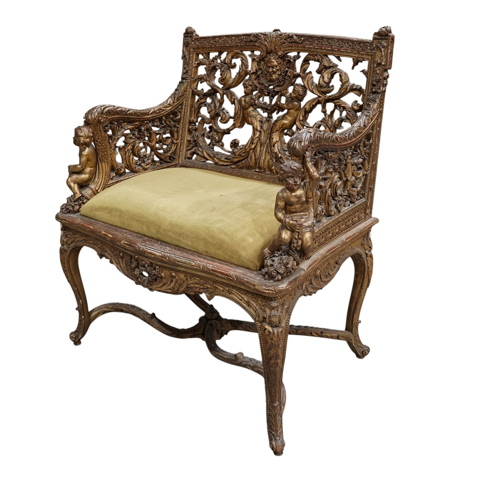 Antique Italian Fine Carved Giltwood Arm Chair: Antique Italian Fine Carved Giltwood Arm Chair 19th Cent. Italy Finely carved giltwood armchair featuring an elaborately pierced back with scrolling acanthus and foliate motifs centered by a mask