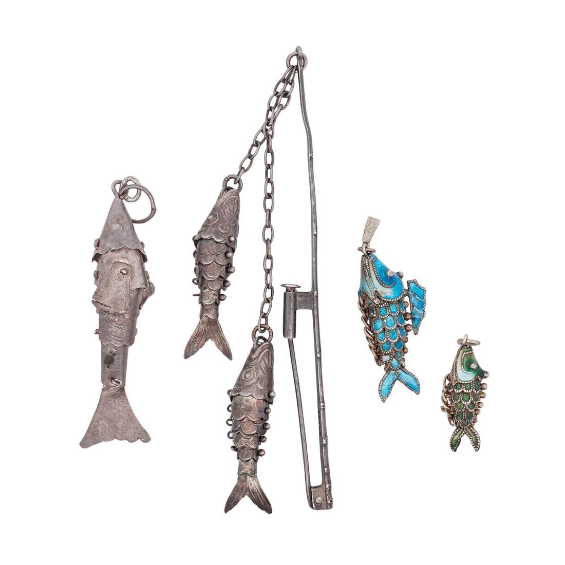 (5 Pcs) Vintage Chinese Silver & Enamel Fish Jewelry Set (1 of 2)