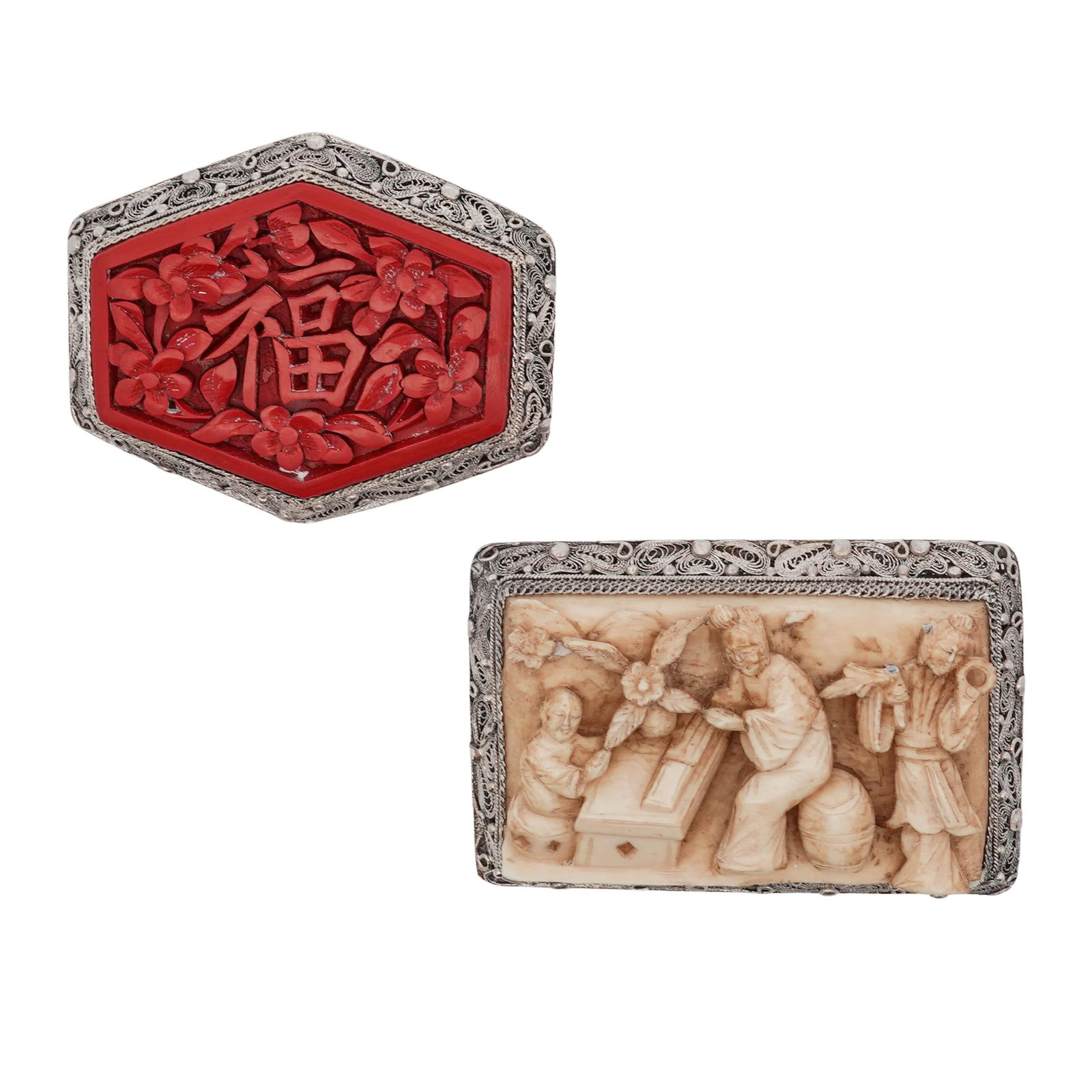 (2 Pcs) Vintage Chinese Silver & Carved Bone Figural Brooch's (1 of 6)