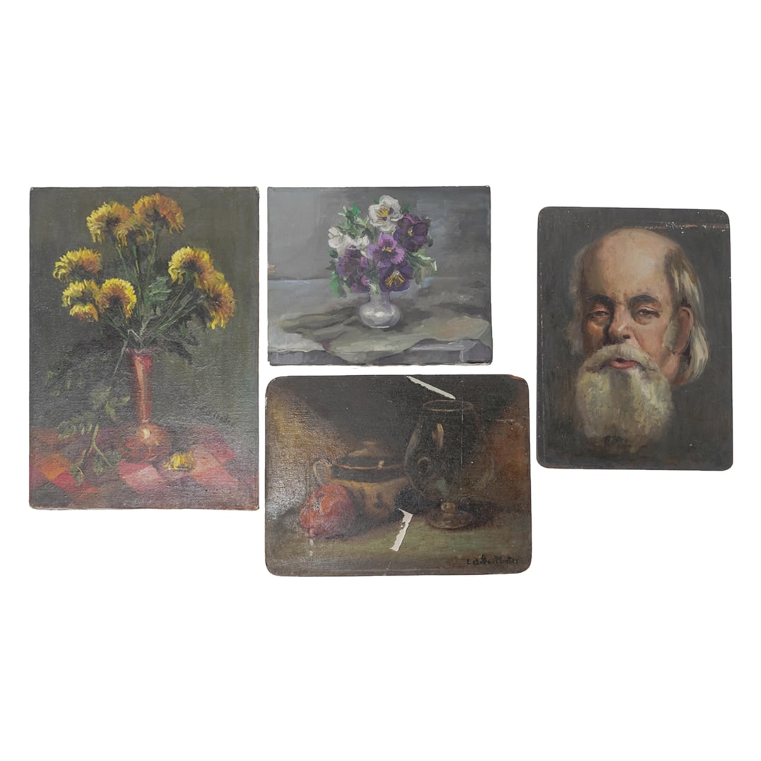 (4 pcs) Signed "E Pleeter" Oil Floral Still Life and Portraiture: (4 pcs) Signed "E Pleeter" Oil Floral Still Life and Portraiture20th centuryA set of four oil paintings on board and canvas. Three feature floral still life work and one is a portrait. Each signed "E