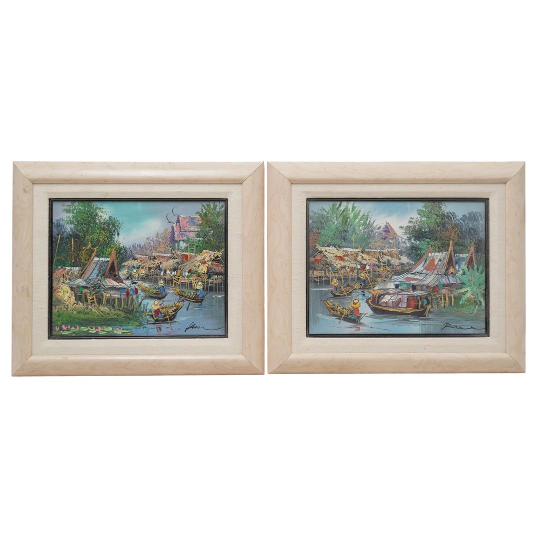 Pair of Signed Southeast Asian River Market Oil on Board Paintings (1 of 8)
