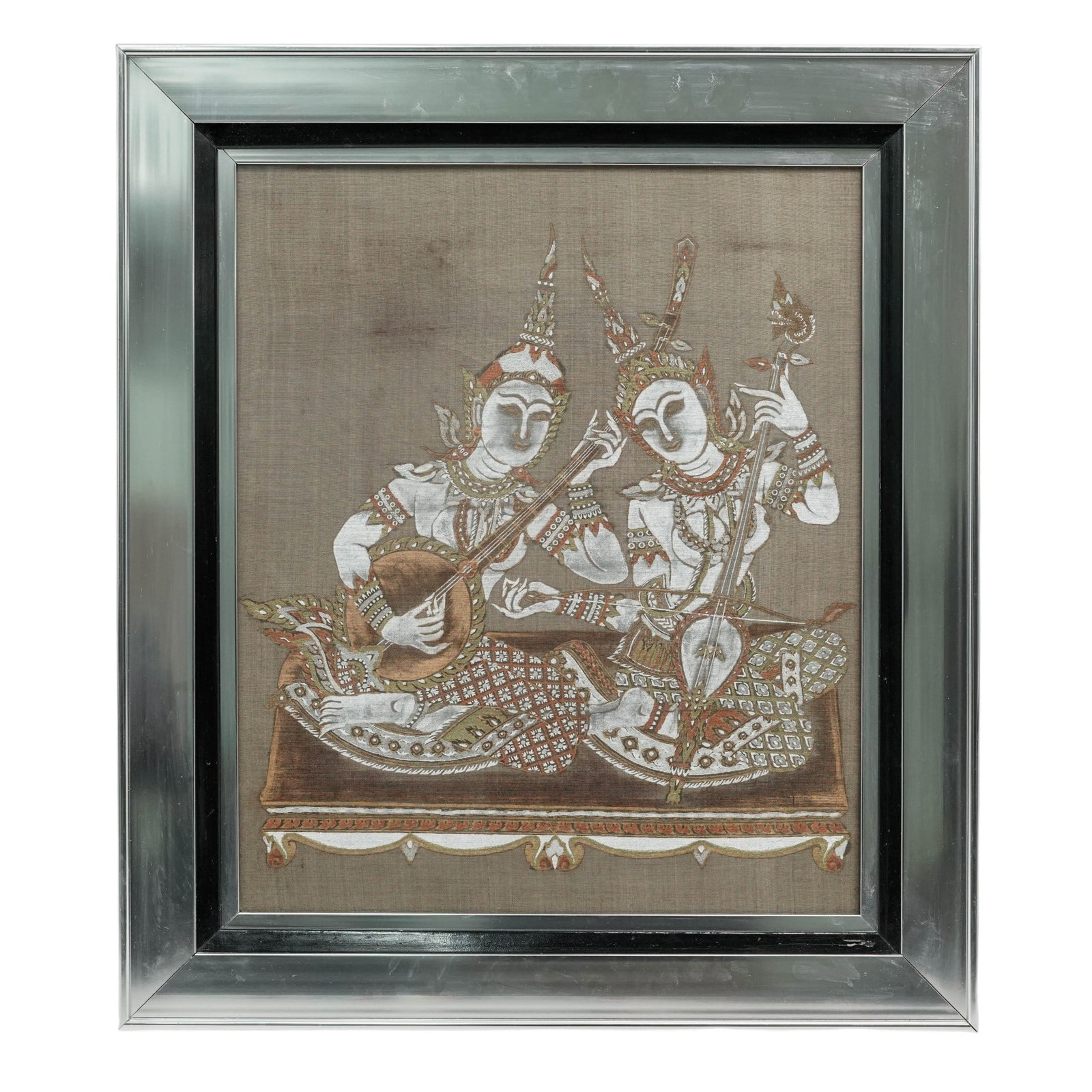 Thai Seated Thepanom Musicians Gouache on Silk Painting (1 of 3)