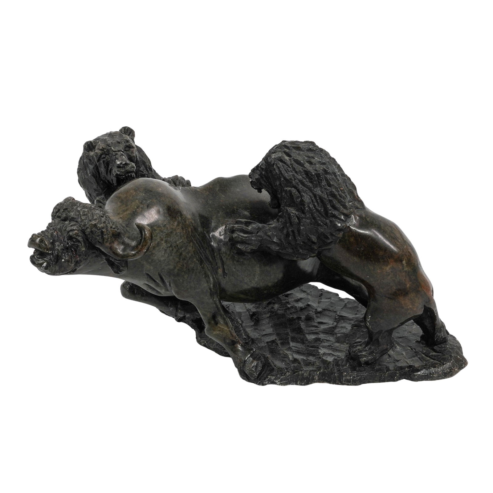 African Shona Stone Lion Hunt Sculpture: African Shona Stone Lion Hunt Sculpture 20th c., Africa Large highly detailed hand carved Shona soapstone sculpture depicting a water buffalo being attacked by two lions. H: 8.5" W: 14.5" L: 13"