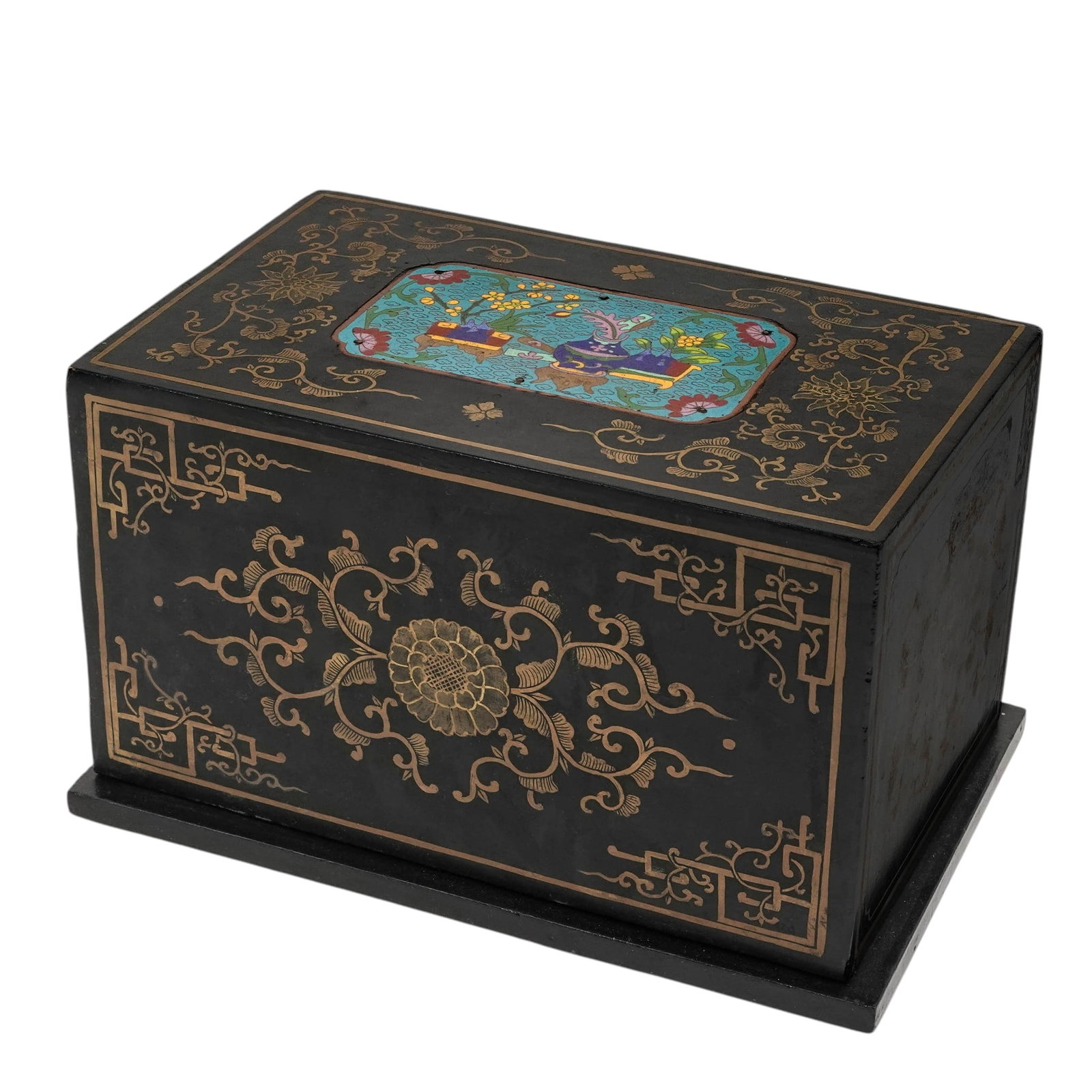 Chinese Black Lacquer & Cloisonne Inlay Box: Chinese Black Lacquer & Cloisonne Inlay BoxEarly-Mid 20th c., ChinaChinese black lacquer box featuring gold-painted floral and scrolling vine motifs, with a central cloisonné panel on the lid depicti