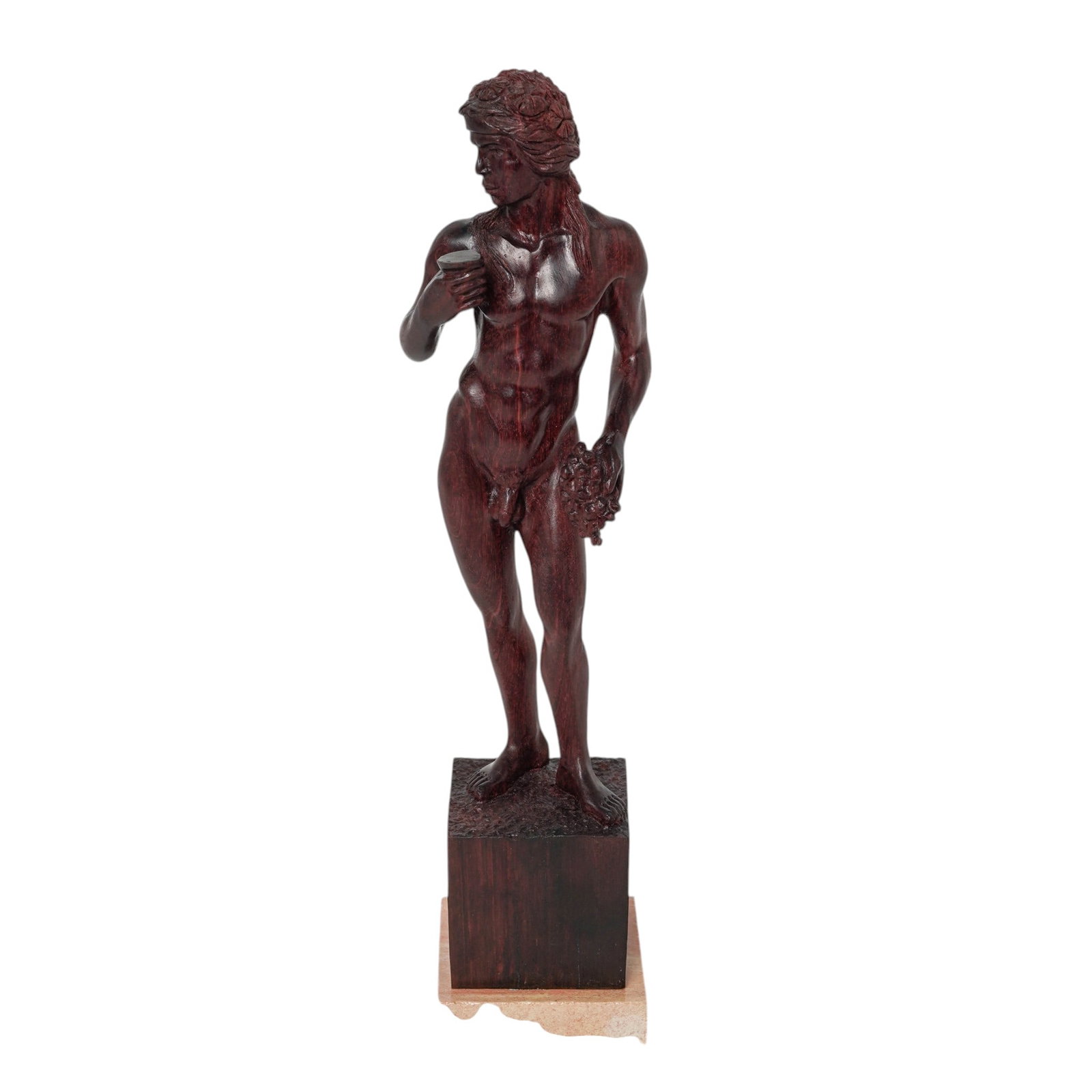 Neoclassical Carved Rosewood Nude Male Sculpture: Neoclassical Carved Rosewood Nude Male Sculpture20th century, EuropeanNeoclassical hand-carved wooden sculpture of a standing nude male figure. The figure is a naked, athletic man with a wavy hair and