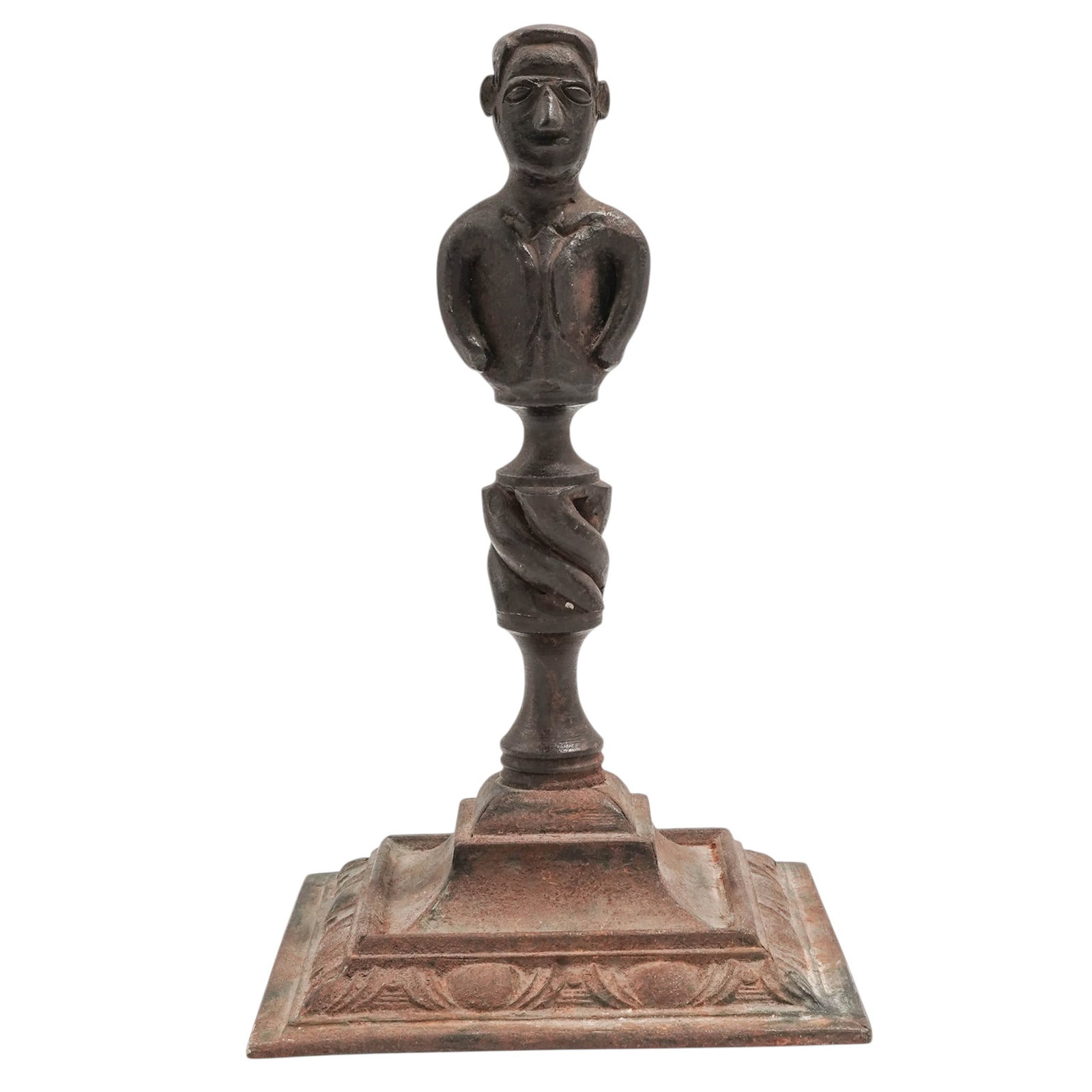 Vintage Bronze Sculpture: Vintage Bronze Sculpture20th century, USAThe bronze sculpture of a stylized human figure mounted on an ornate, multi-teared, square pedestal with decorative relief carvings along the bottom edge. Char