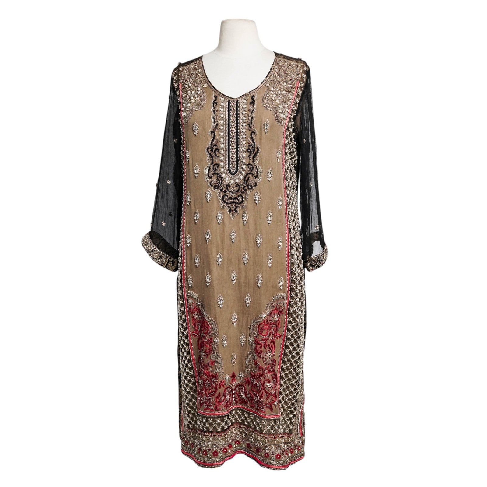 Vintage Silk Pakistani Jeweled & Embroidered Kameez Tunic: Vintage Silk Pakistani Jeweled & Embroidered Kameez Tunic Early-Mid 20th Century. Pakistan. Vintage Pakistani heavily embroidered and jeweled fitting silk “kameez” tunic, designed with double
