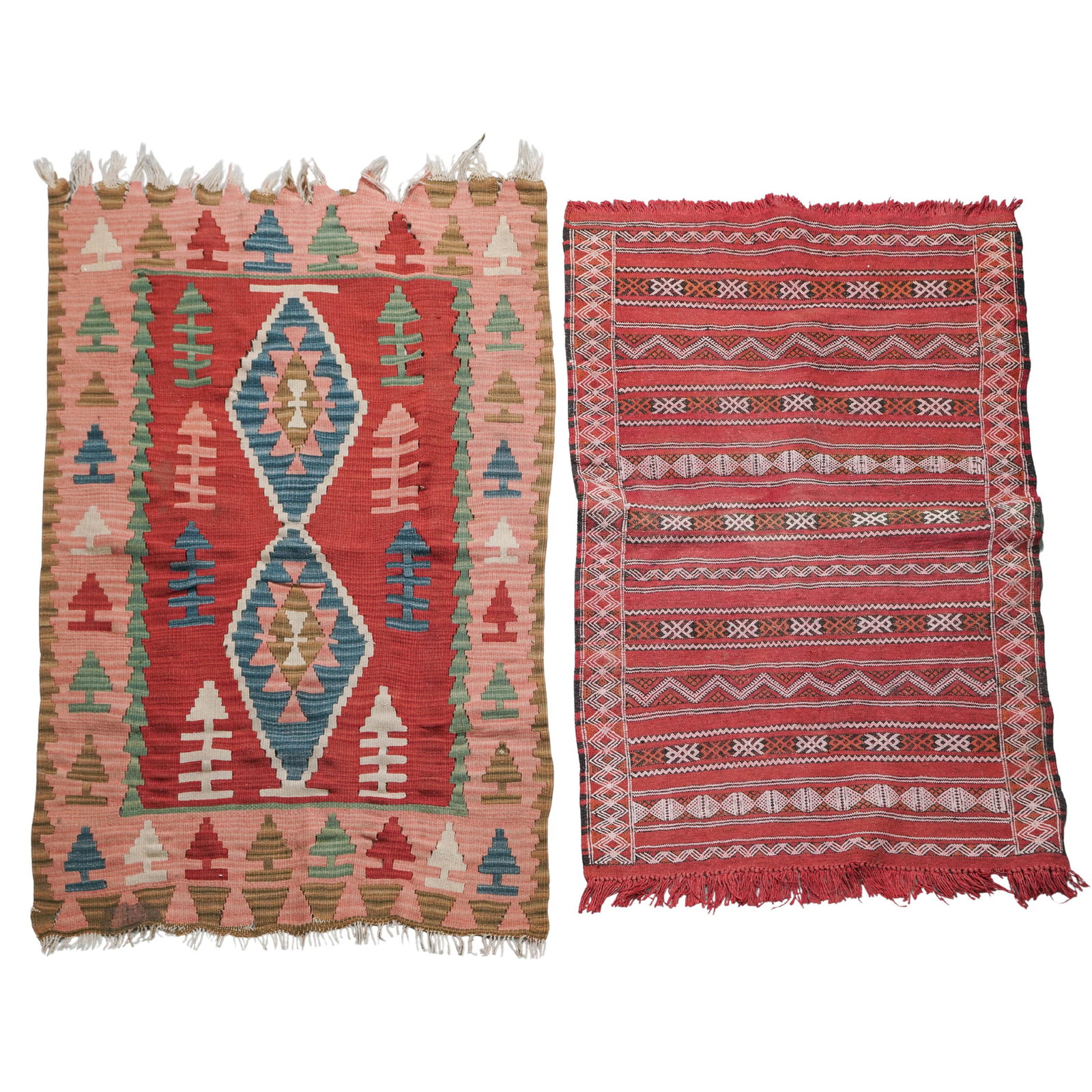 (2 pcs) Turkish Kilim Rug & Moroccan Berber Rug: (2 pcs) Turkish Kilim Rug & Moroccan Berber Rug 20th century, Moroccan & Turkish (1) Turkish kilim rug. This item is a vintage, hand-woven Turkish kilim rug featuring geometric motifs and a flatweave