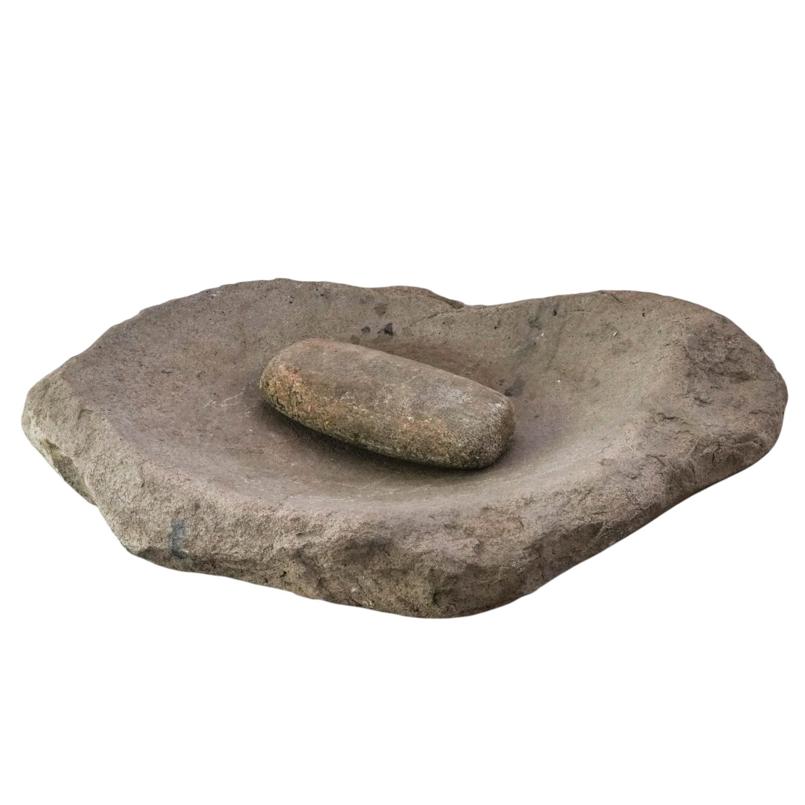 Antique Primitive Stone Mortar and Pestle: Antique Primitive Stone Mortar and PestleCentral AmericaHand-carved stone mortar with fitted pestle, exhibiting a simple, utilitarian form characteristic of early domestic or agricultural use. The mor
