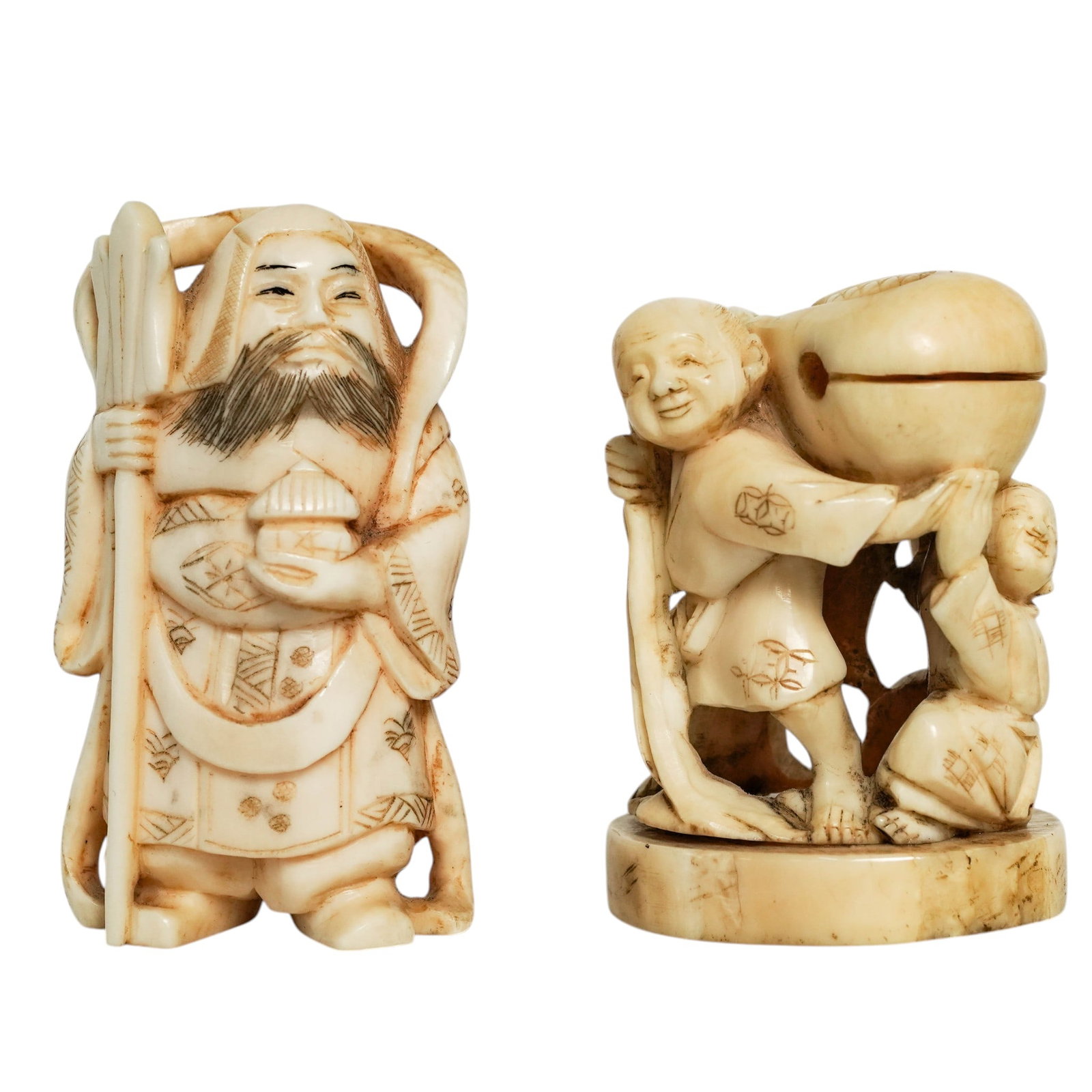 (2pc) Antique Carved Bone Japanese Netsukes (1 of 8)