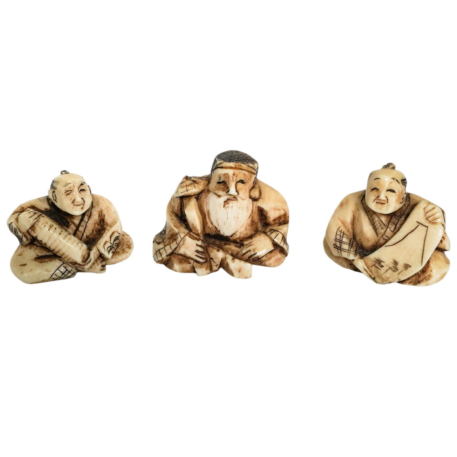 (3pc) Antique Carved Bone Japanese Wise Men Netsukes (1 of 6)