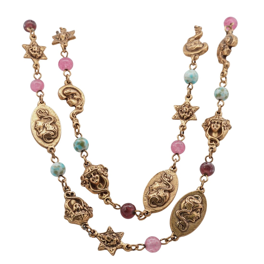 Figural Gold-Tone Necklace with Classical Motifs and Colored Glass Beads (1 of 3)