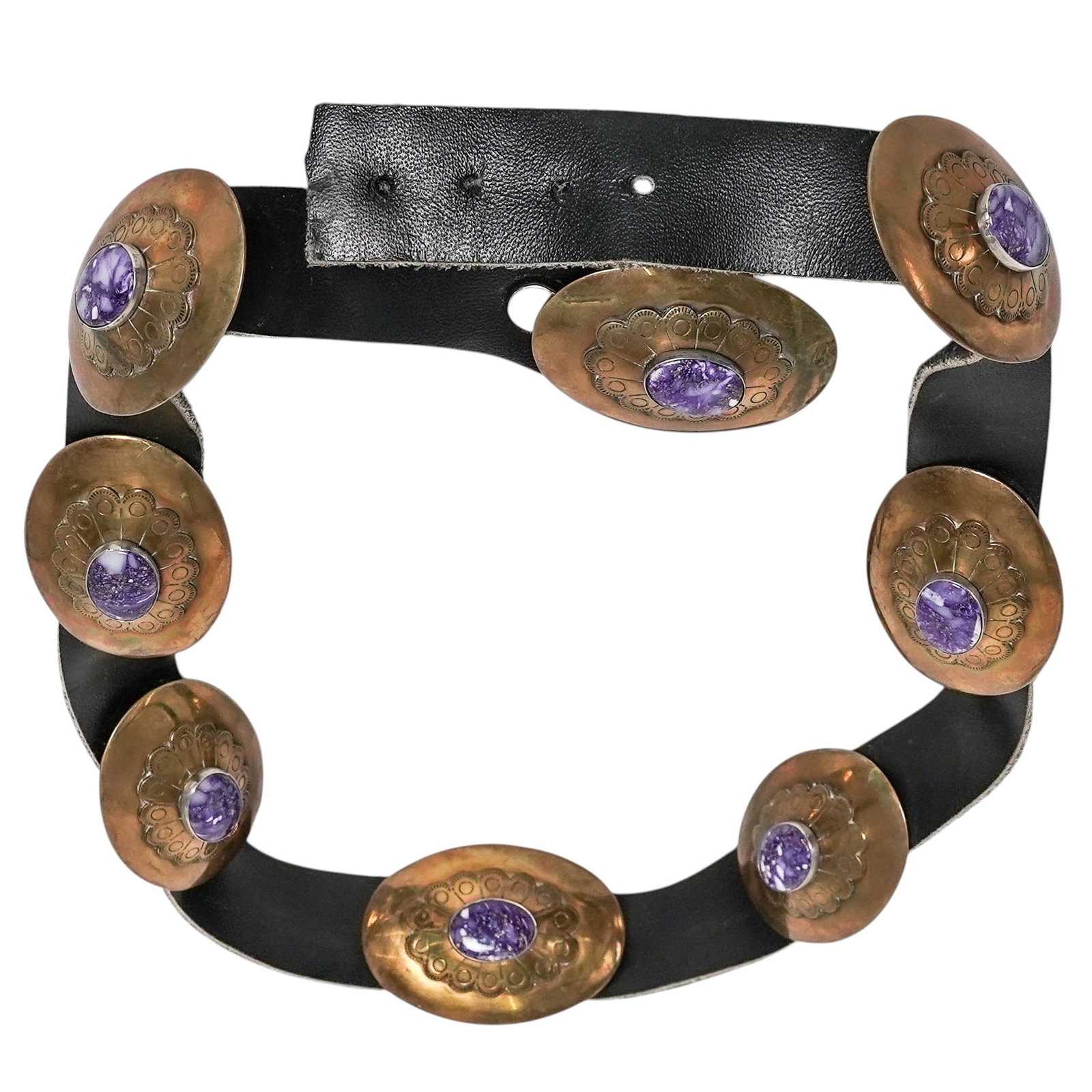 Vintage Black Leather & Brass Concho Belt (1 of 4)