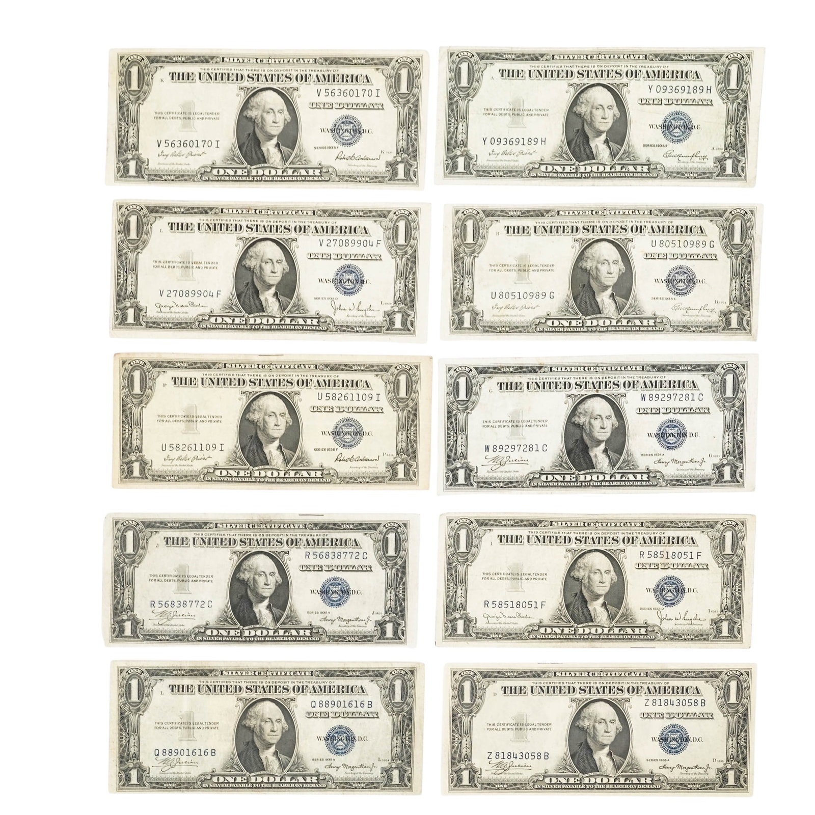 (10 Pcs) 1935 $1 Silver Certificate Bills With Blue Seal (1 of 4)