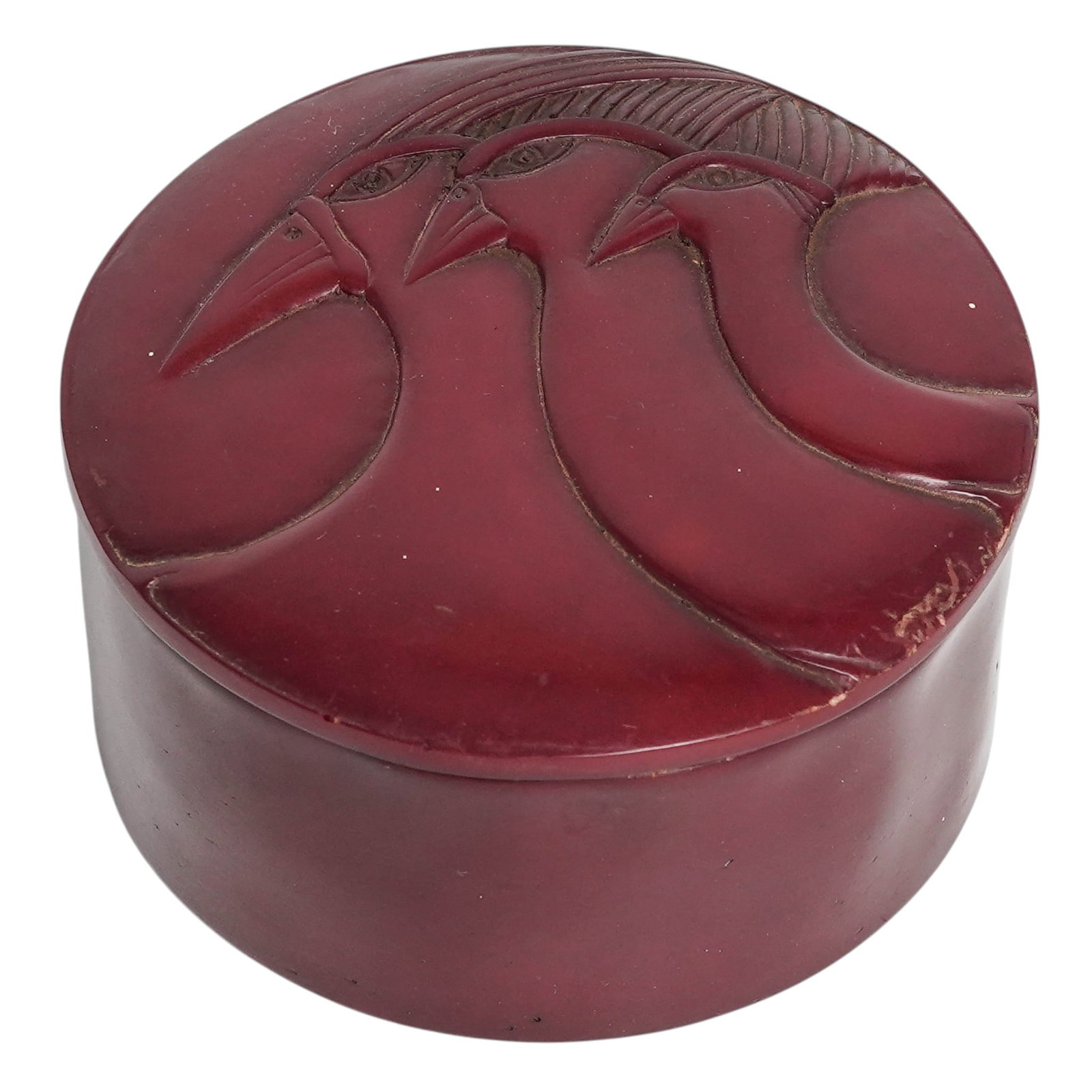 Laurel Burch "Celestial Birds" Lacquer Trinket Box: Laurel Burch "Celestial Birds" Lacquer Trinket Box 20th Cent., American Art Deco-style Laurel Burch (American, 1945–2007) "Celestial Birds" trinket box. Crafted from deep red lacquer with intricate
