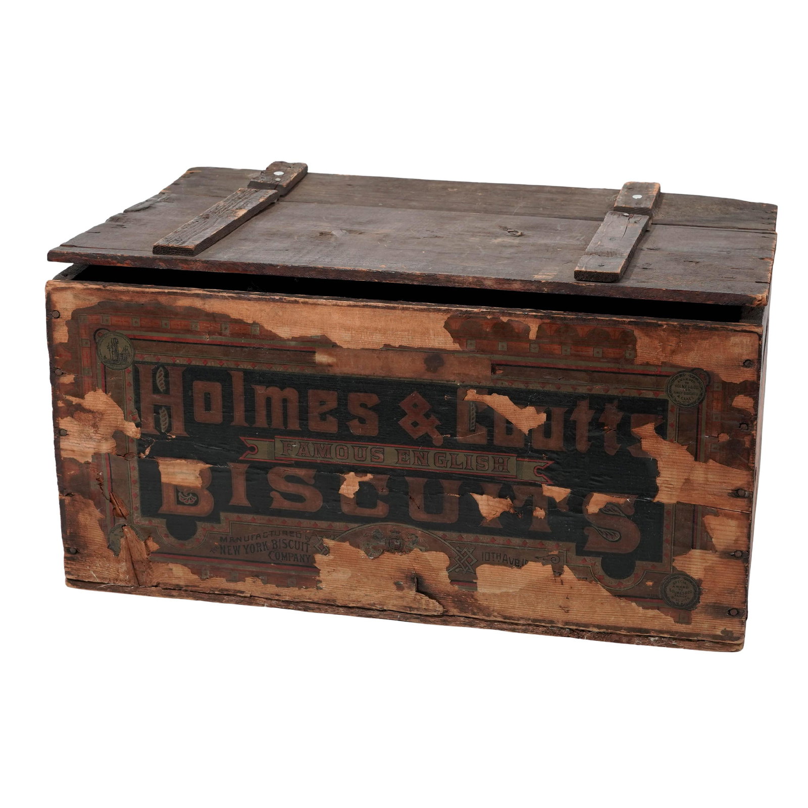 Antique Holmes & Coutts Biscuits Crate: Antique Holmes & Coutts Biscuits Crate Late 19th c., USA Antique wooden advertising crate for Holmes & Coutts Biscuits, manufactured by the New York Biscuit Company. It is a rectangular storage