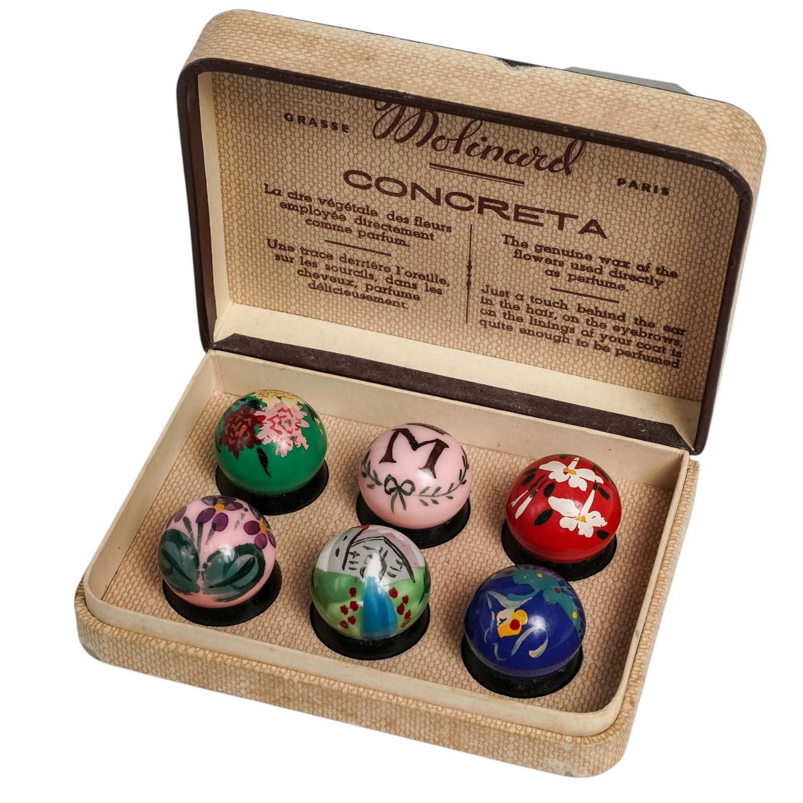 1930s Molinard "Concreta" Solid Perfume Collection Set: 1930s Molinard "Concreta" Solid Perfume Collection Set 1930s, France. A vintage Molinard "Concreta" solid perfume collection set, from the 1930s. Includes a case with six (6) assorted hand-painted
