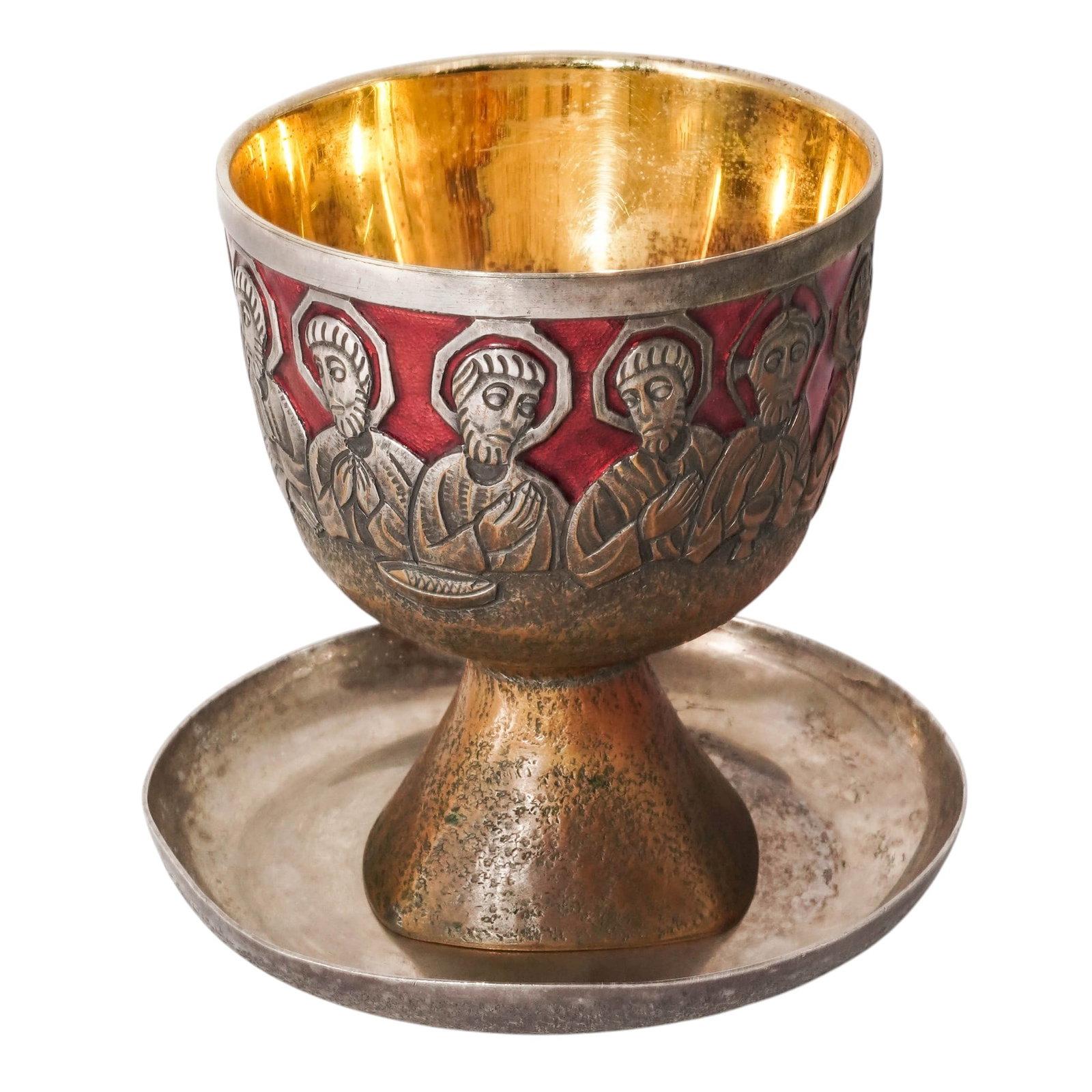 Antique Spanish Last Supper Enameled Liturgical Chalice & Paten: Antique Spanish Last Supper Enameled Liturgical Chalice & Paten20th c., SpainLiturgical chalice and dish paten set, typically used during the Eucharist in Christian services. This specific design feat