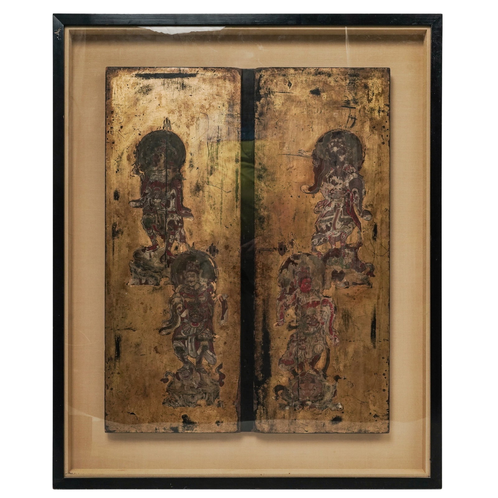 Antique Framed Japanese Gilt Painted Shrine Doors: Antique Framed Japanese Gilt Painted Shrine Doors 18th Cent., Japanese Pair of antique painted wooden panels, likely from a Japanese Buddhist shrine or temple cabinet, depicting guardian deities again