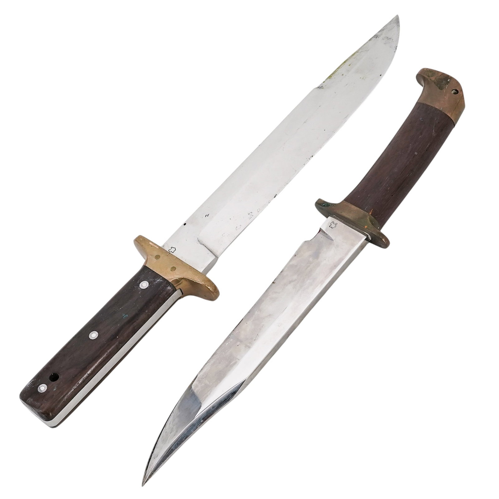 Pair Jean Tanazacq Hunting Knives with Leather Sheaths: Pair Jean Tanazacq Hunting Knives with Leather Sheaths 20th Cent. France A pair of vintage Continental hunting knives, each featuring a steel blade with maker’s mark and accompanied by its original 