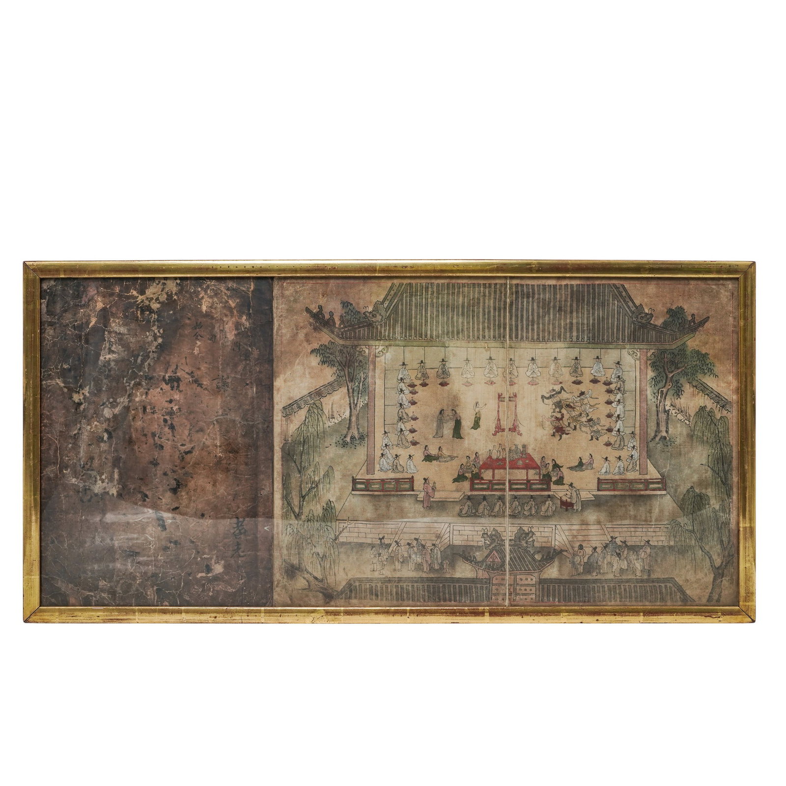 Rare Antique Korean Royal Banquet Three Panel Painting, Signed: Rare Antique Korean Royal Banquet Three Panel Painting, Signed 18th Century, Korea Ink and color painting choson- joeson period, depicting a ceremonial gathering within a palace or temple pavilion, po