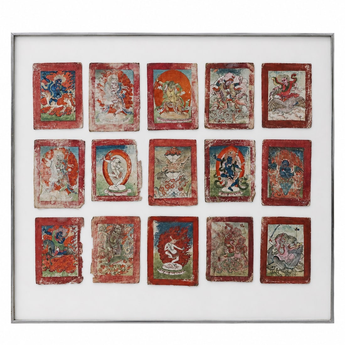 (15 pc) Antique Tibetan Hand-Painted Tsakli Prayer Cards, Paper-Backed Cloth (1 of 6)