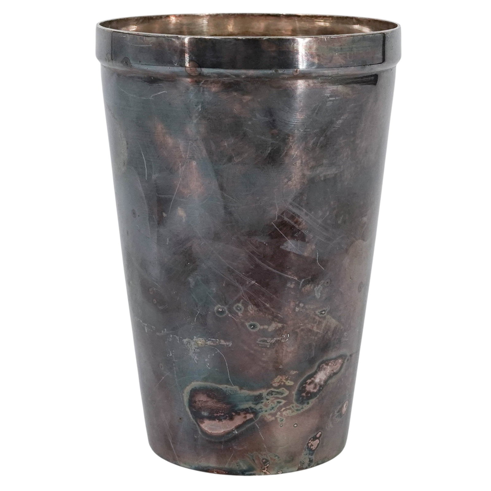 Antique French Sterling Silver Cup: Antique French Sterling Silver Cup Early 20th Century, France. An antique French sterling silver cup with a tapered cylindrical form with rolled rim. Marked with French sterling silver assay mark and