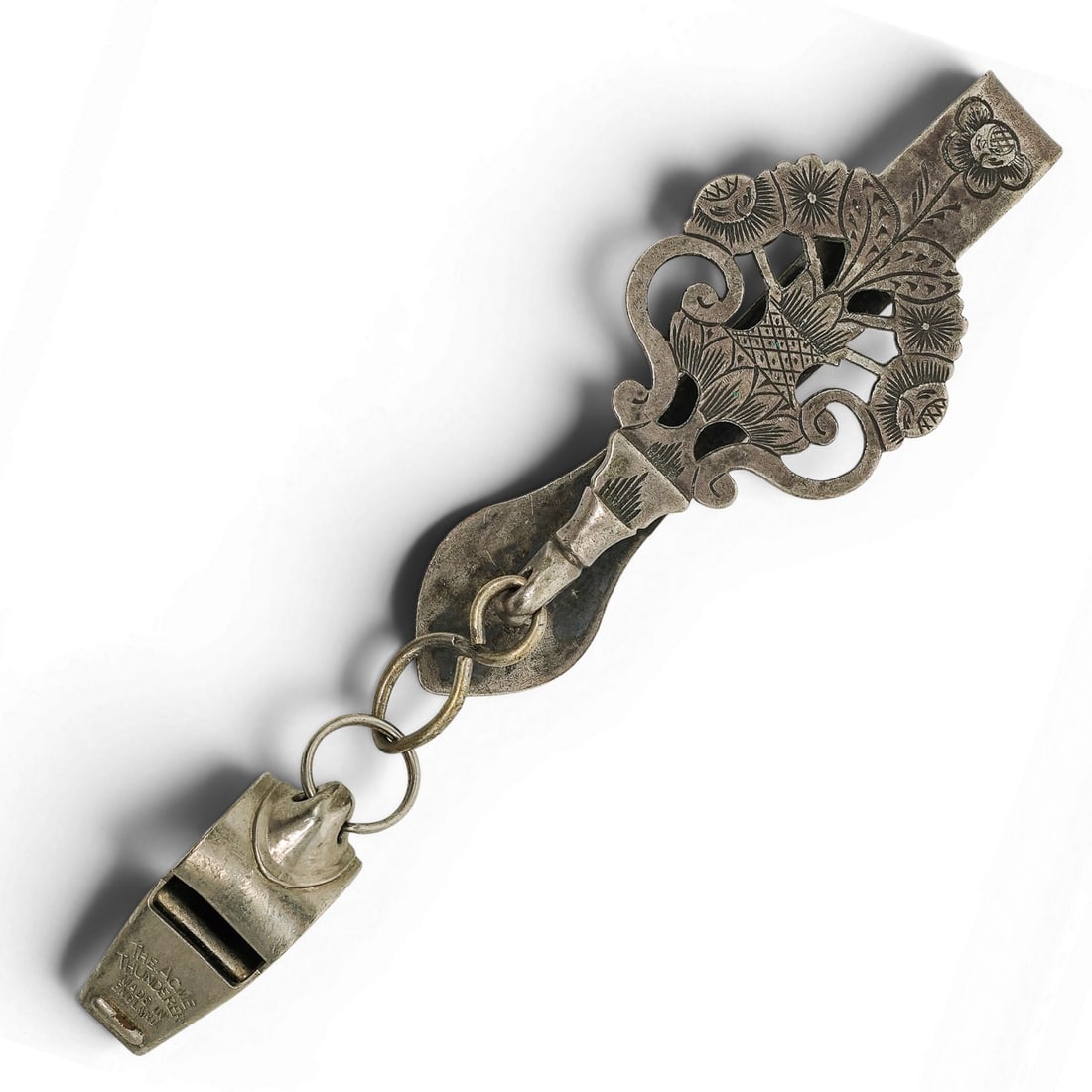 19th Cent. French & English .950 Silver Chatelaine Clip & Whistle: 19th Cent. French & English .950 Silver Chatelaine Clip & Whistle 19th Cent.,French, English An antique French solid .950 silver chatelaine belt hook featuring an interconnected English whistle